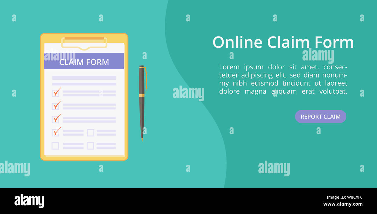 Claim form on clipboard with pen landing page concept. site page