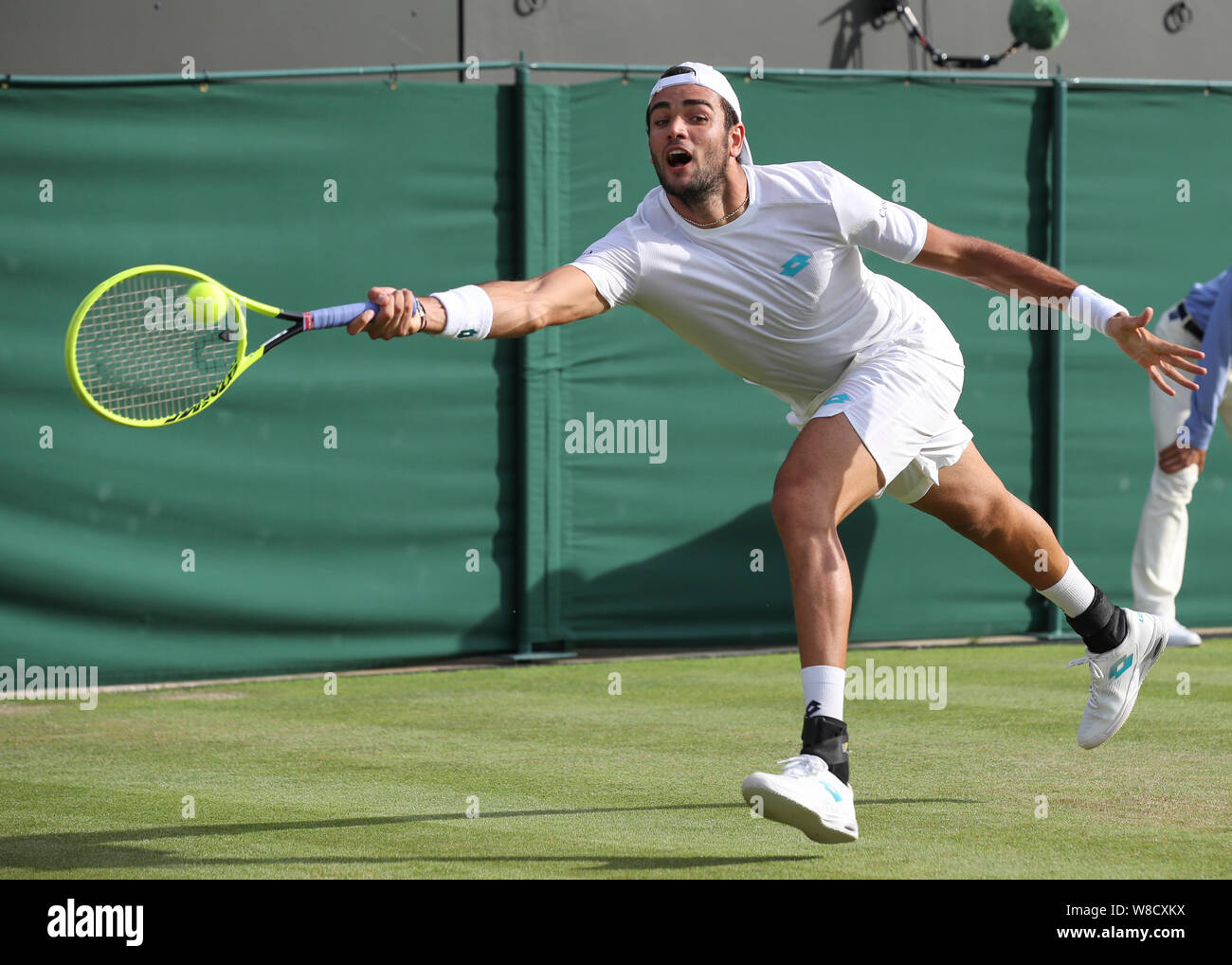 Italian tennis player Matteo Berrettini playing forehand shot during