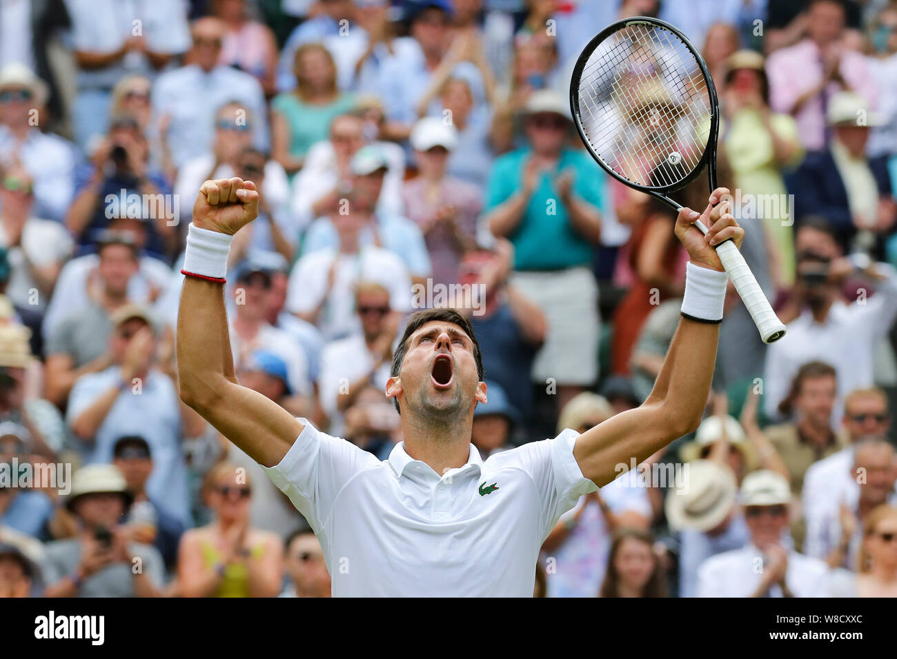 Serbian Tennis Player Novak Djokovic Celebrating His Victory During 2019 Wimbledon Championships London England United Kingdom Stock Photo Alamy