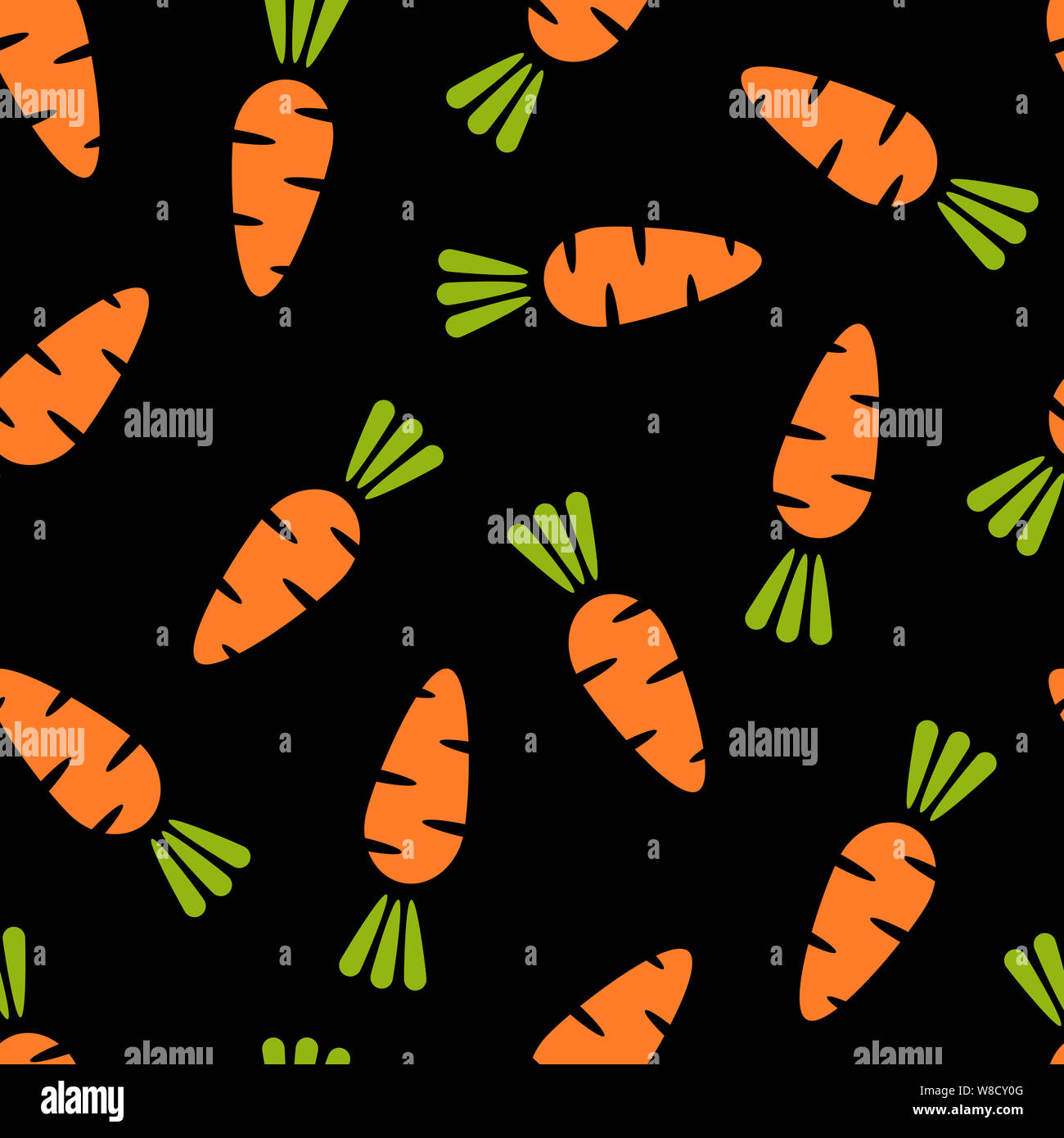 Carrot seamless vegetable background flat illustration. Fresh food background in black and orange colors with carrot vegetable seamless element for healthy diet decor or vegan fabric print. Stock Photo