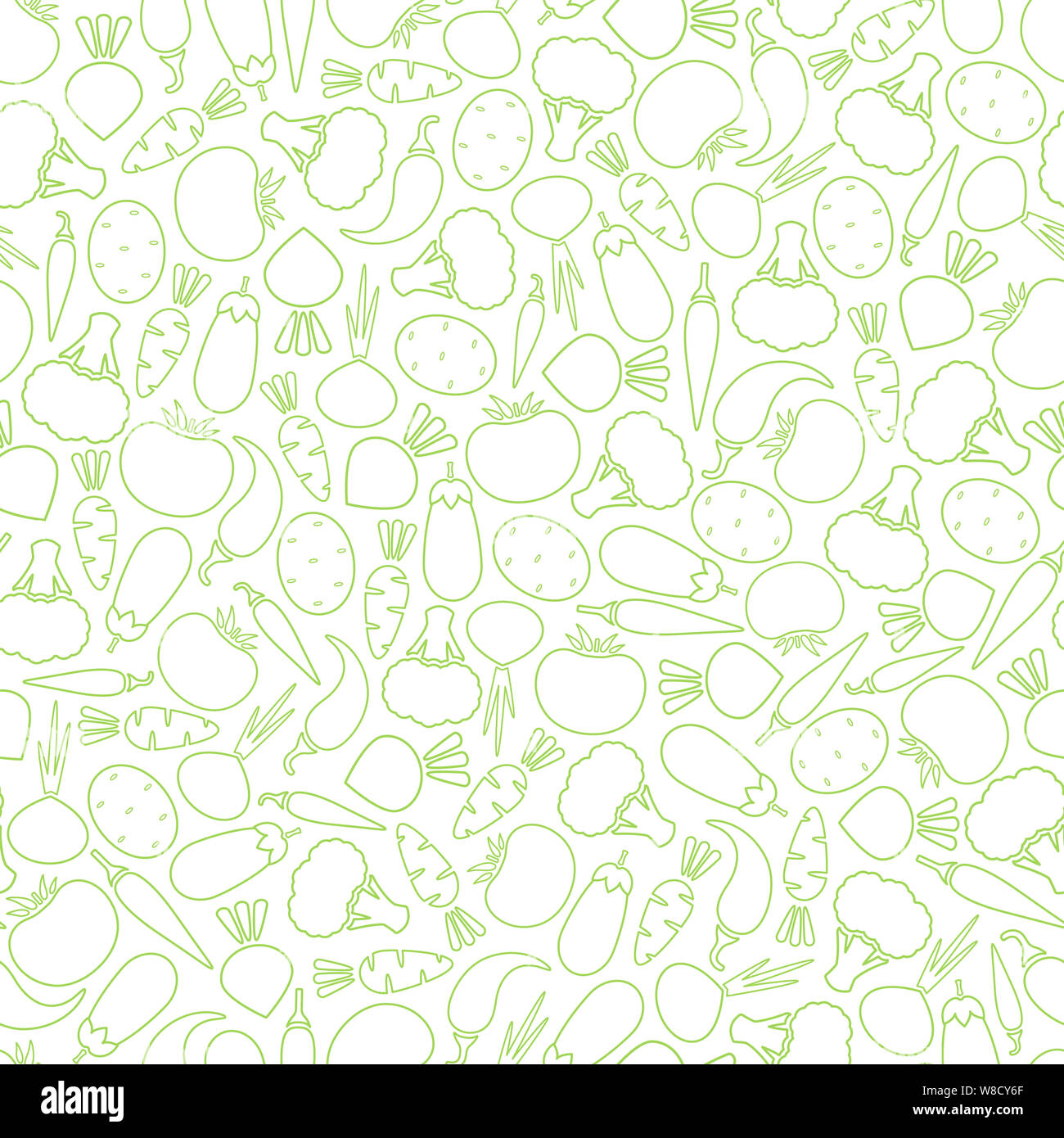 Line silhouette seamless vegetable pattern flat illustration. Modern seamless texture food pattern design with autumn line vegetable in green and white colors for diet decor, vintage wallpaper Stock Photo