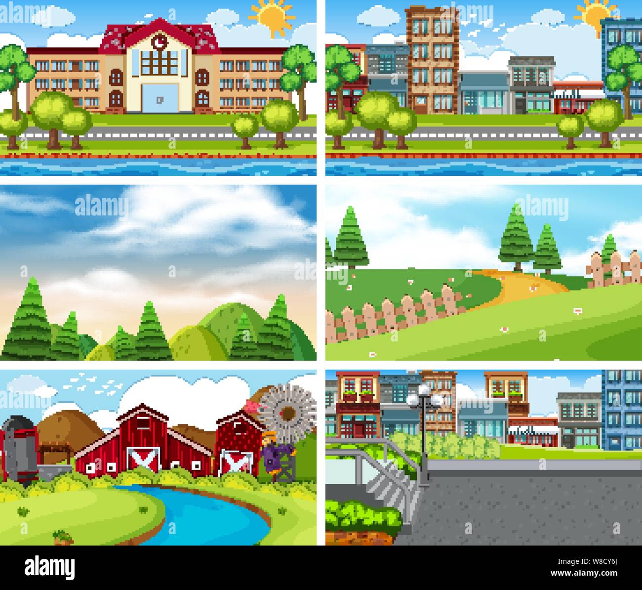 A set of outdoor scene including building illustration Stock Vector ...
