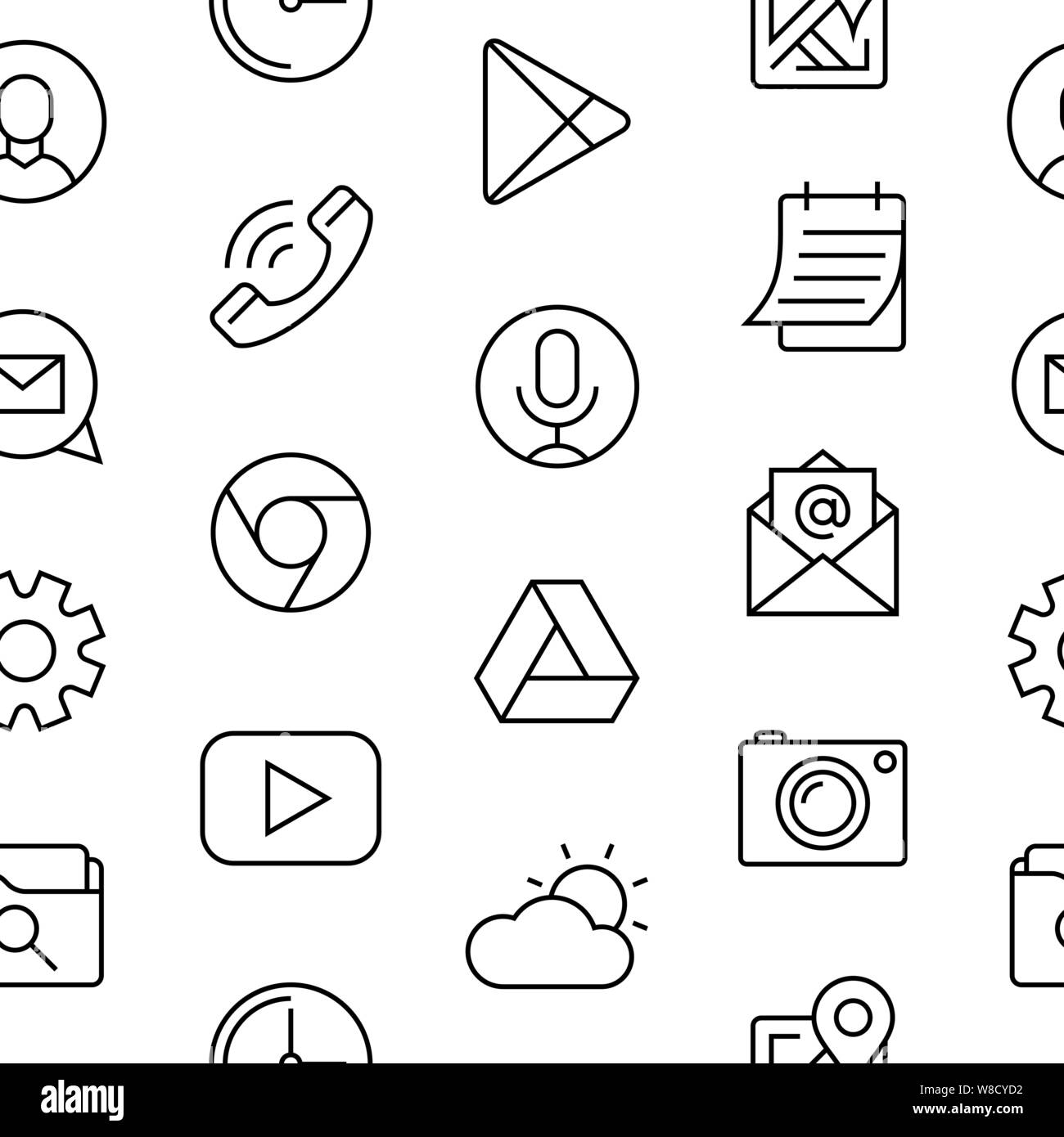 smart phone launcher black thin flat line icons isolated on white digital vector, seamless pattern Stock Vector