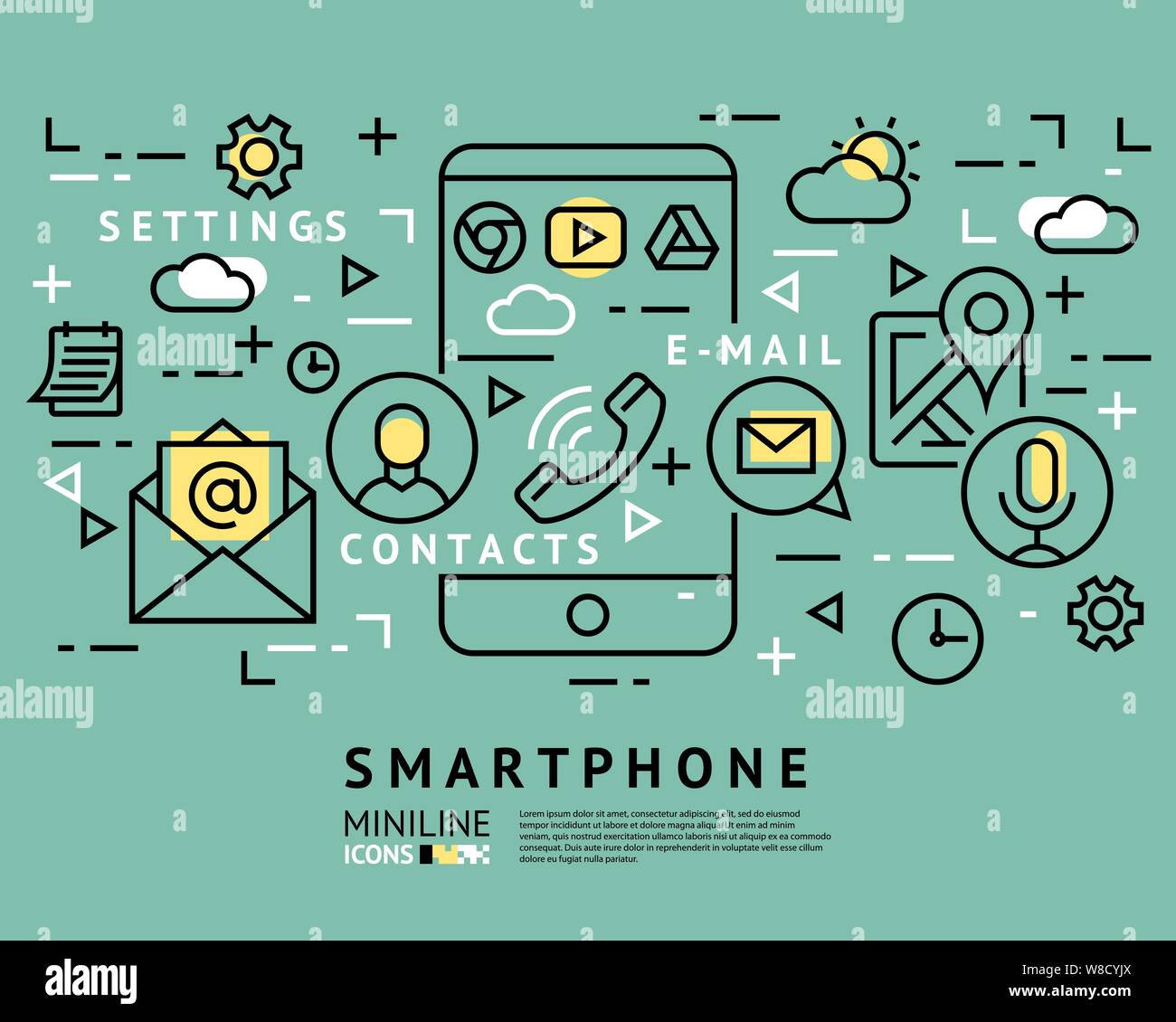 smart phone launcher black thin flat line digital vector illustration isolated on white Stock Vector