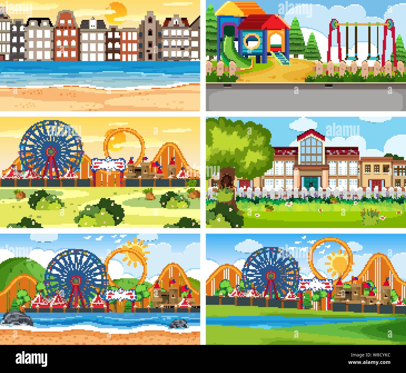 A set of outdoor scene including funfair illustration Stock Vector ...