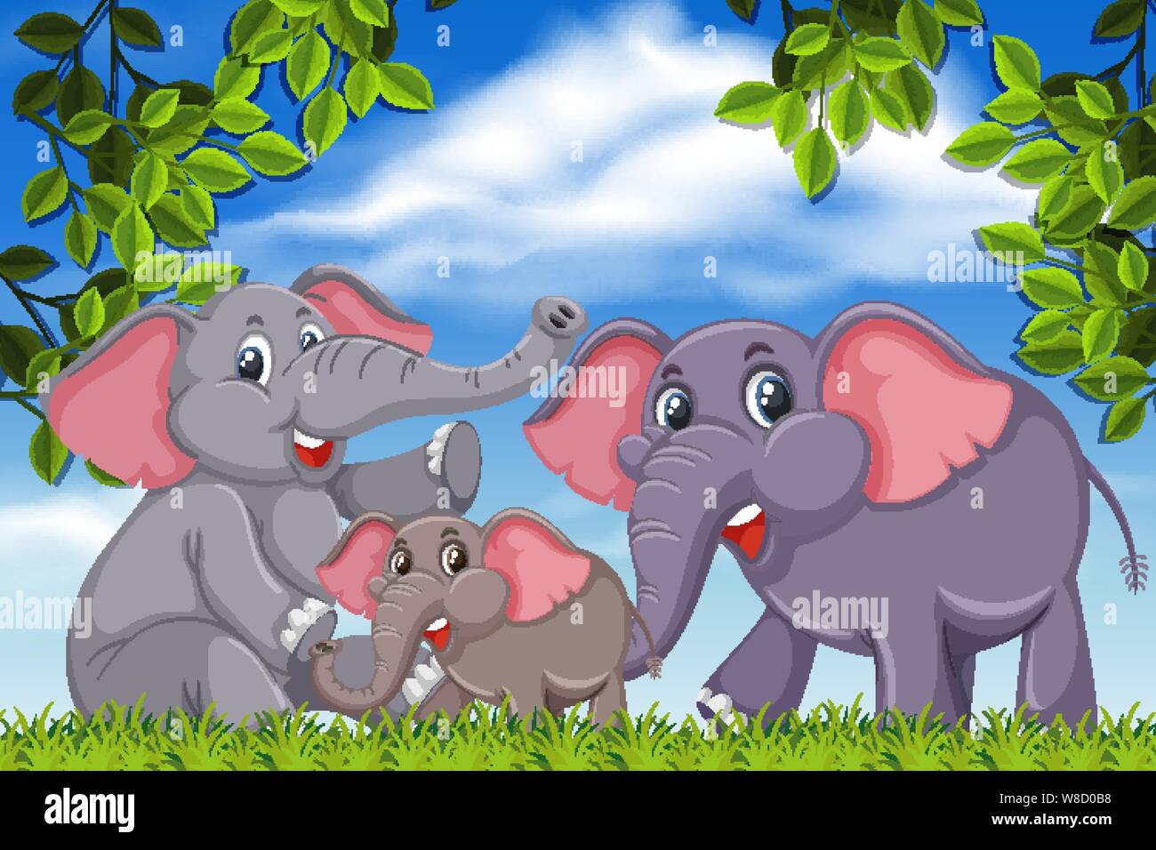 Elephants in jungle scene illustration Stock Vector Image & Art - Alamy