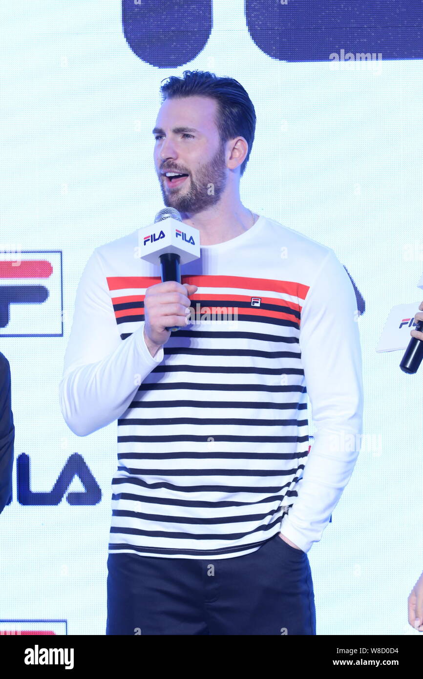 American actor Chris Evans speaks at a promotional event for FILA  sportswear in Shanghai, China, 17 September 2015 Stock Photo - Alamy