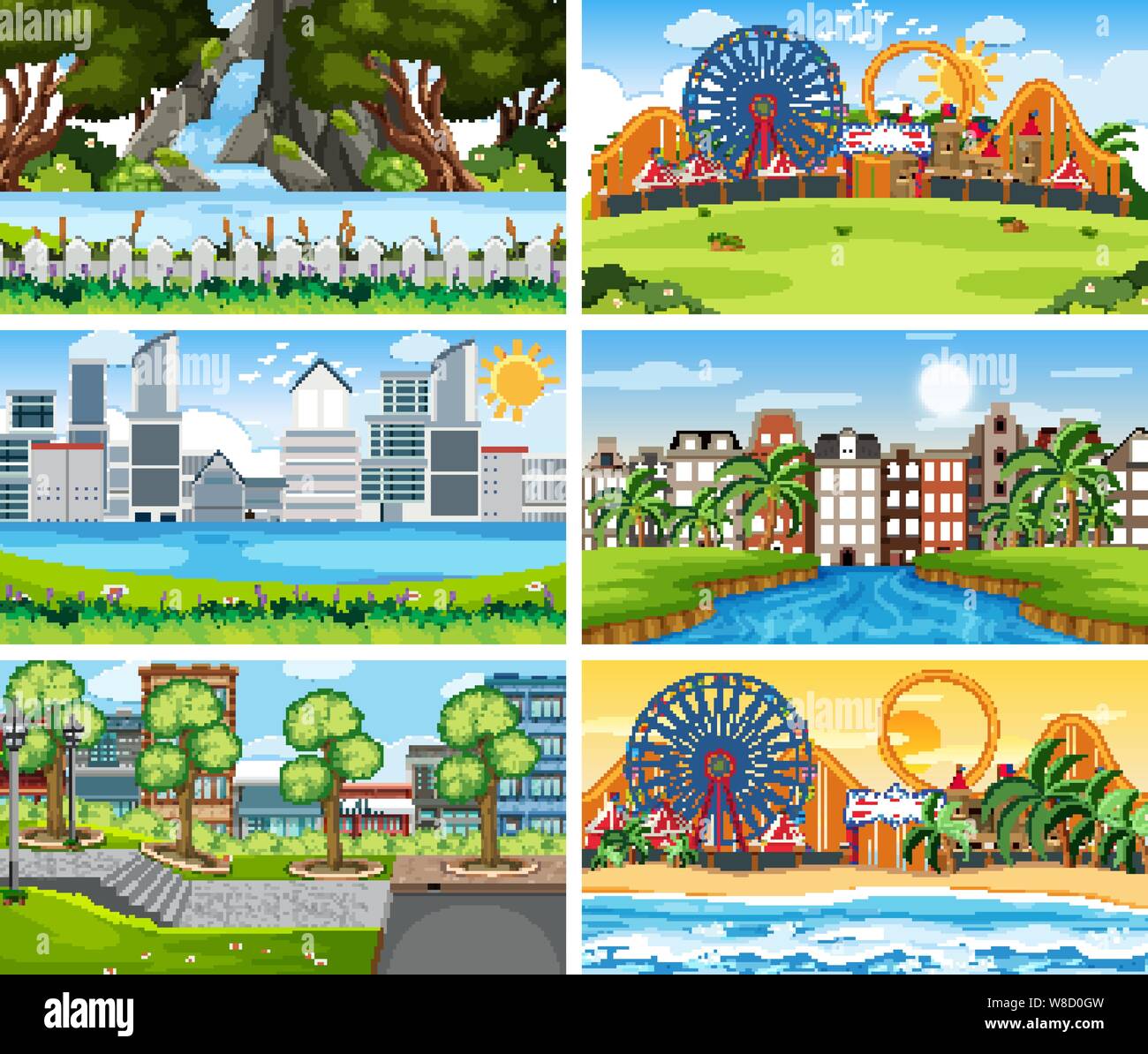 A set of outdoor scene including building illustration Stock Vector ...