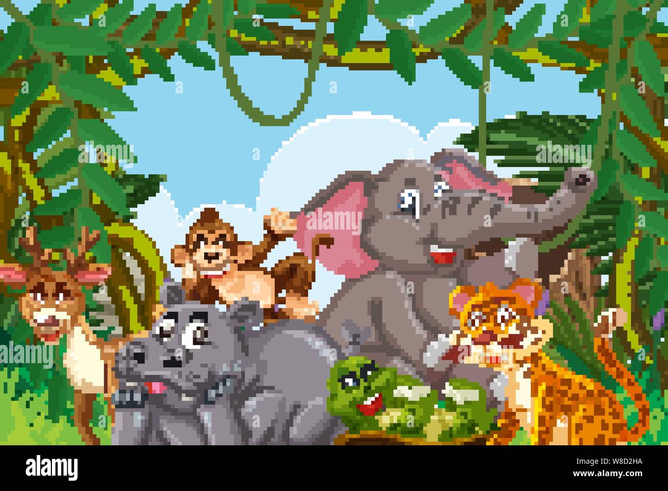 Cute animals in jungle scene illustration Stock Vector Image & Art - Alamy