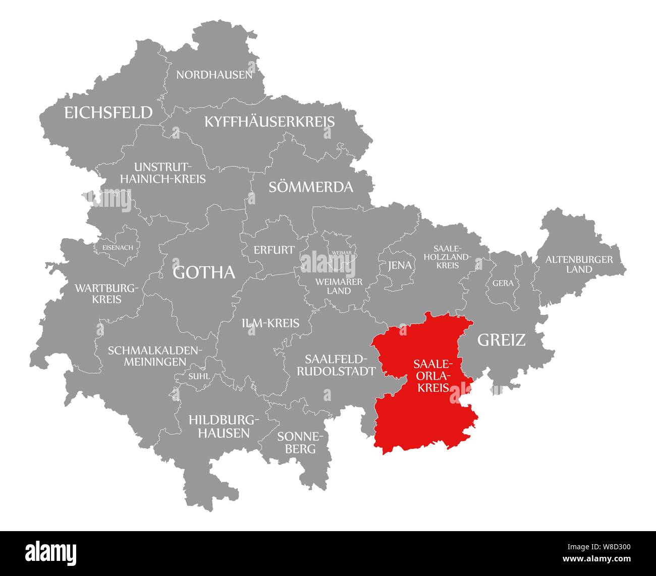 Saale-Orla-Kreis red highlighted in map of Thuringia Germany Stock Photo