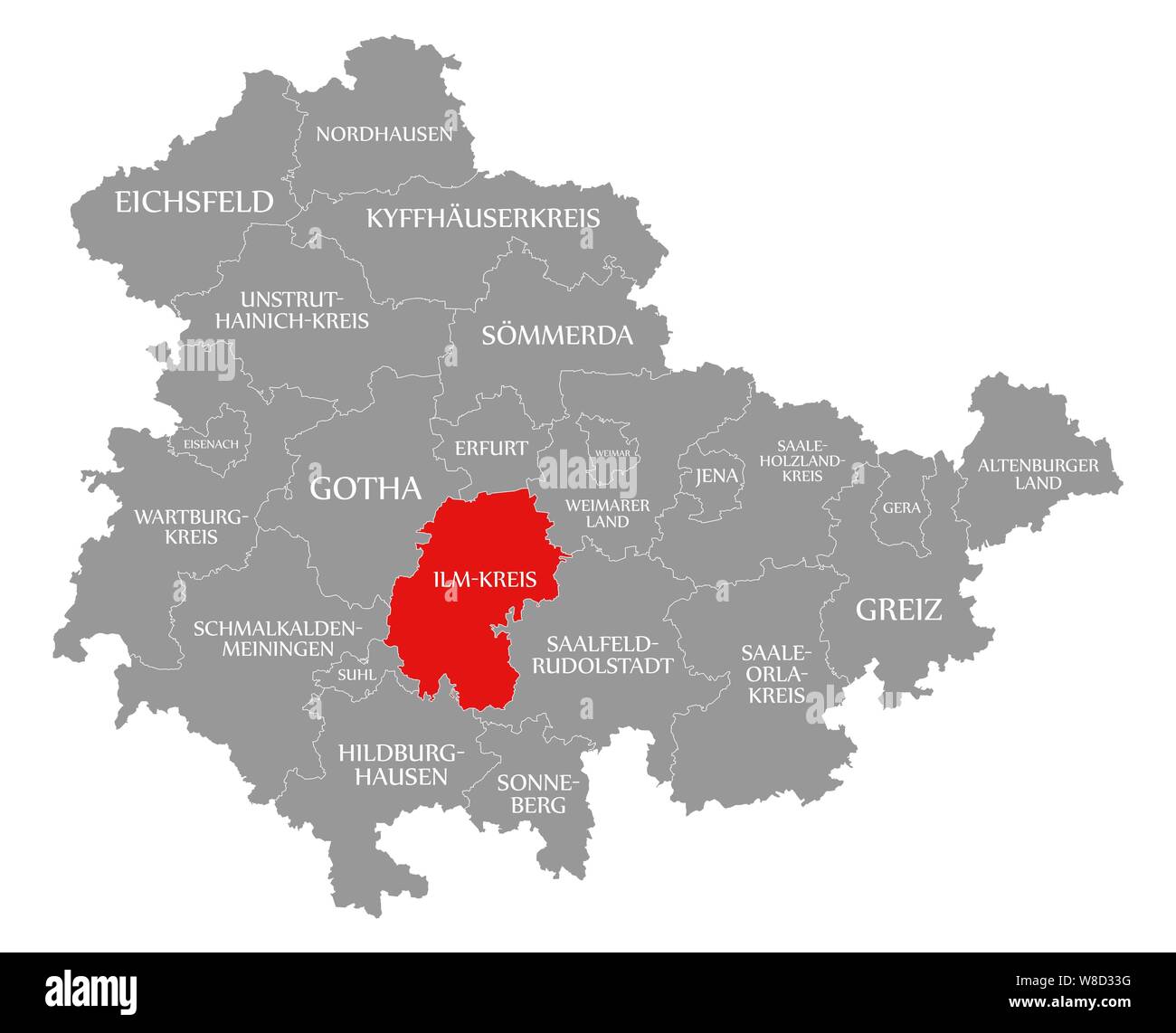 Ilm Kreis red highlighted in map of Thuringia Germany Stock Photo