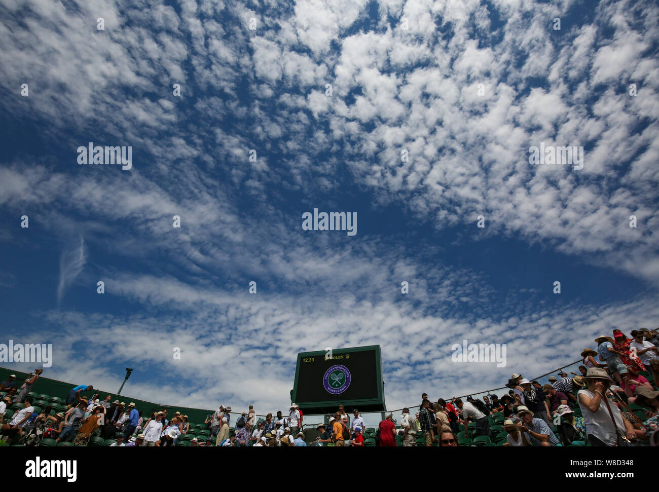 Low angle view of cloudy sky over tennis stadium during 2019 Wimbledon Championships, London, England, United Kingdom Stock Photo
