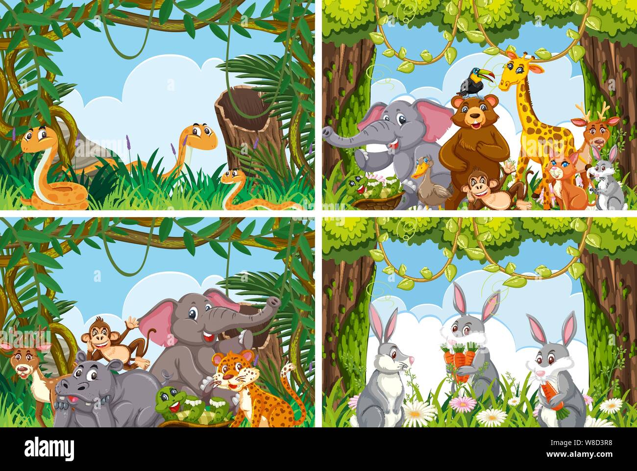 Set of various animals in nature scenes illustration Stock Vector