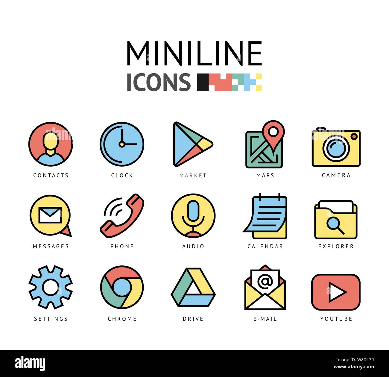 smart phone launcher black thin flat line digital vector color icons isolated on white Stock Vector