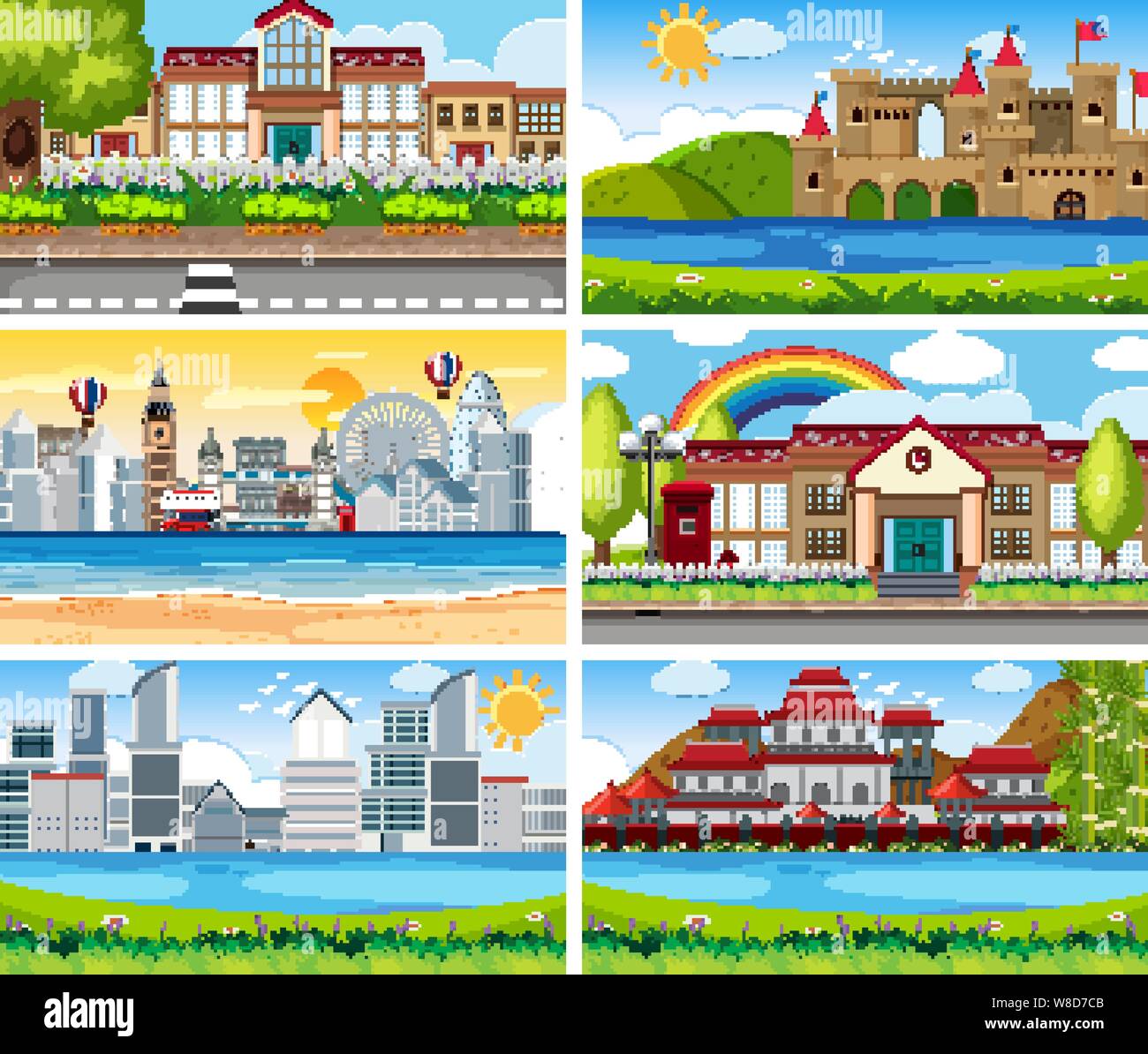 A set of outdoor scene including building illustration Stock Vector ...