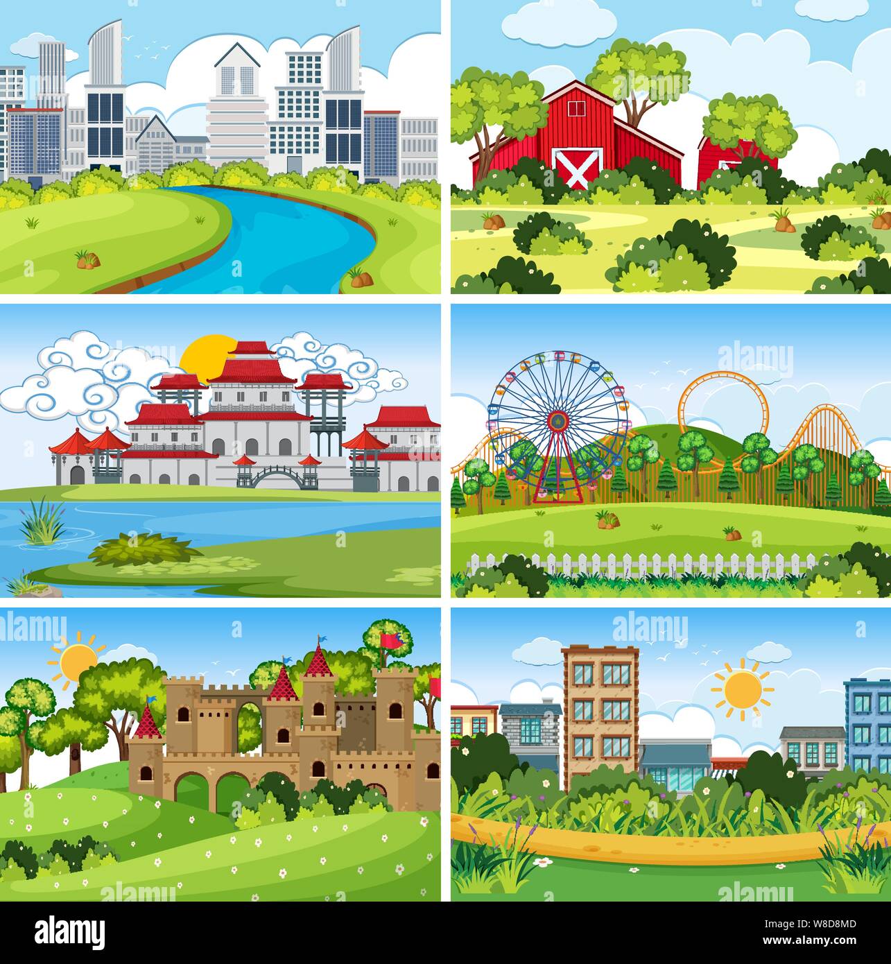 A set of outdoor scene including building illustration Stock Vector ...
