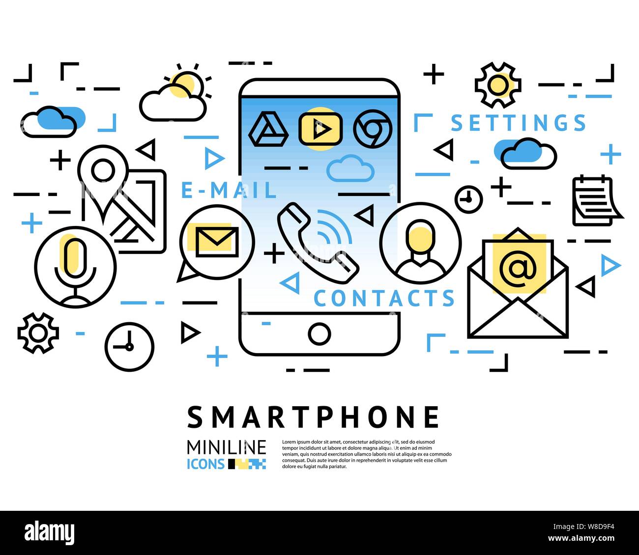smart phone launcher black thin flat line digital vector illustration isolated on white Stock Vector