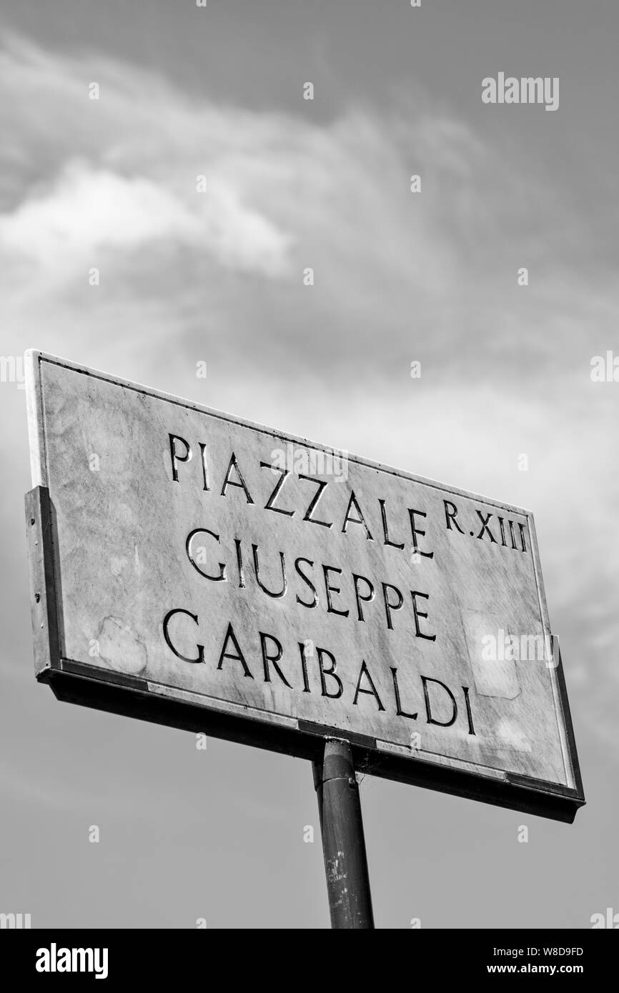 Piazza Giuseppe Garibaldi sign on Janiculum Hill in Rome, Italy. Stock Photo