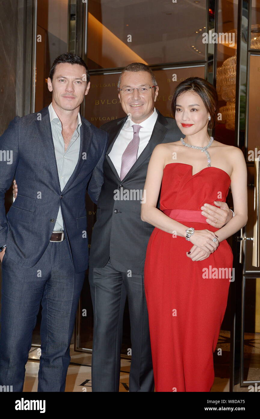 (From left) British actor Luke Evans, Bulgari CEO Jean-Christophe Babin and Taiwanese actress Shu Qi pose at the opening ceremony for Bulgari's flagsh Stock Photo