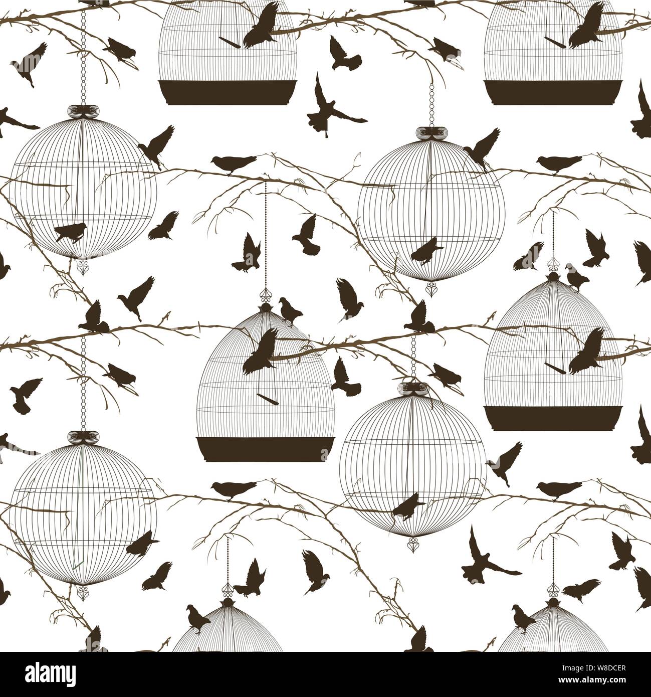 Vector seamless pattern with birds and cages Stock Vector