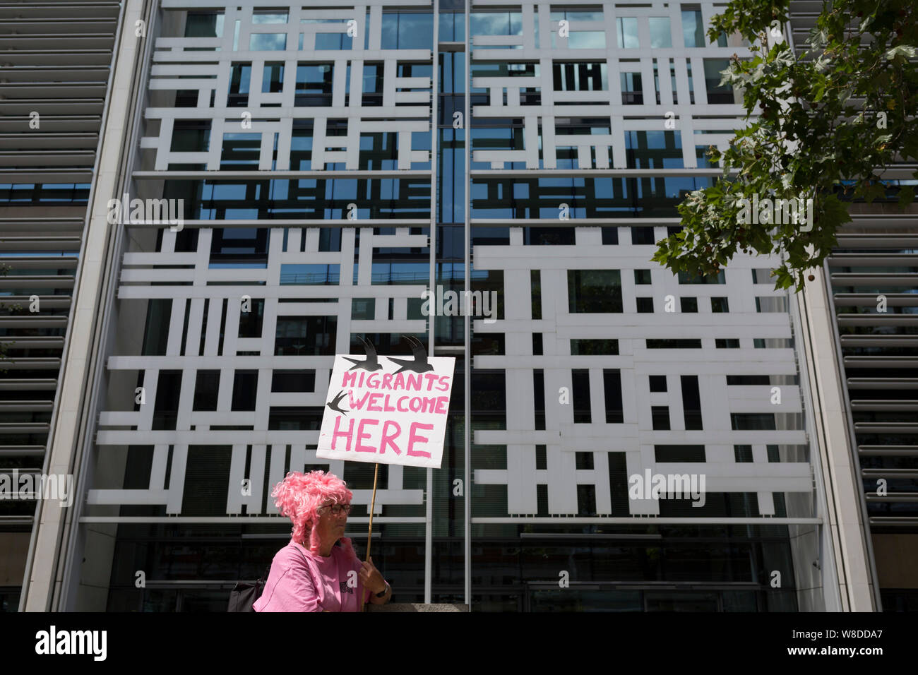 Anti-Deportation protesters 'Reclaim the Power' protest against Human Rights in UK immigration detention centres, outside the Home Office on Marsham Street, on 29th July 2019, in London, England. The All African Women's Group highlighted the plight of asylum seekers in the Home Office's detention centres, and in particular, at Yarlswood. Stock Photo