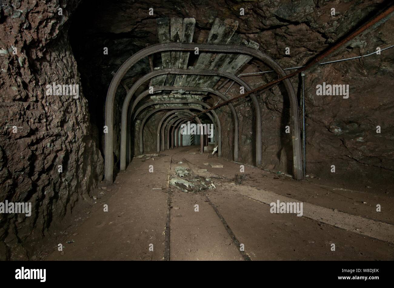 RAF Fauld Underground Munition Tunnels, Staffordshire, 2013. RAF Fauld was a Royal Air Force underground munitions storage depot located 2.0 miles (3.2 km) south west of Tutbury, Staffordshire and 10.44 miles (16.80 km) north east of Rugeley, Staffordshire, England and the site was controlled by No. 21 Maintenance Unit RAF which stored munitions underground. On Monday, 27 November 1944 between 3,500 and 4,000 tonnes of ordnance exploded — mostly comprising high explosive (HE)-filled bombs, but including a variety of other types of weapons and including 500 million rounds of rifle ammunition. Stock Photo