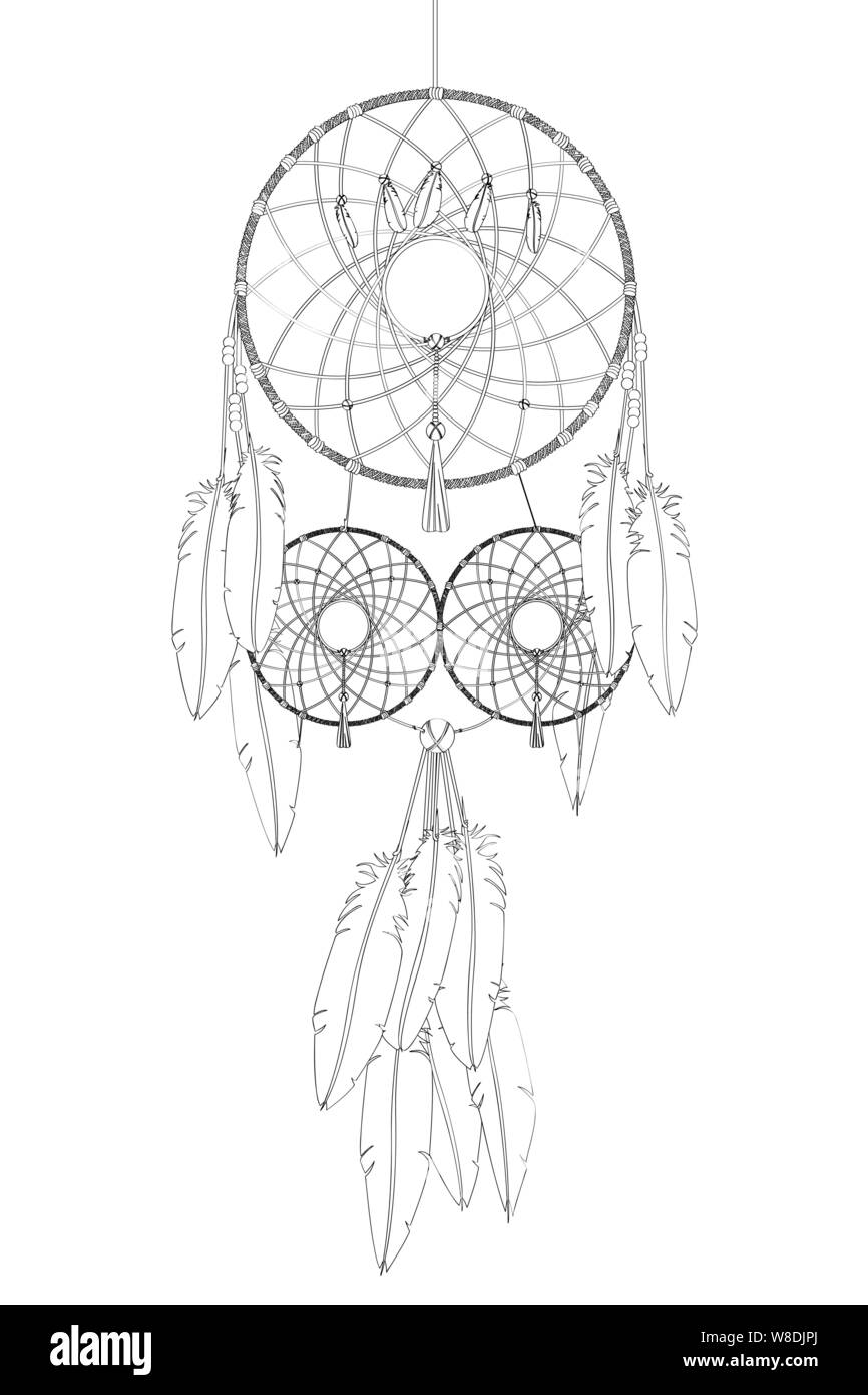 Dreamcatcher vector drawing outlined over white background Stock Vector
