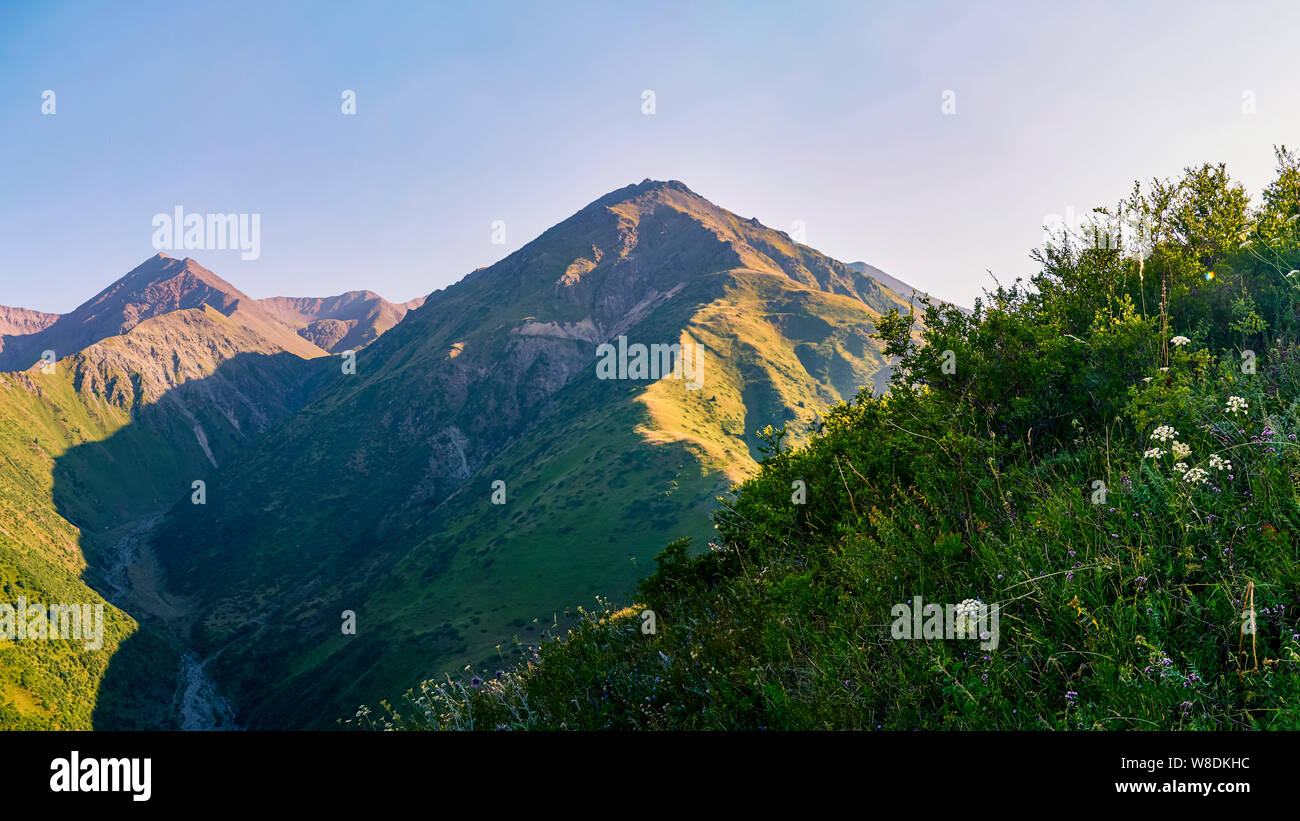 Panorama of a mountain valley in summer, aerial view. Fairytale sunset over the mountain peaks, amazing nature, summer in the mountains. Travel, touri Stock Photo