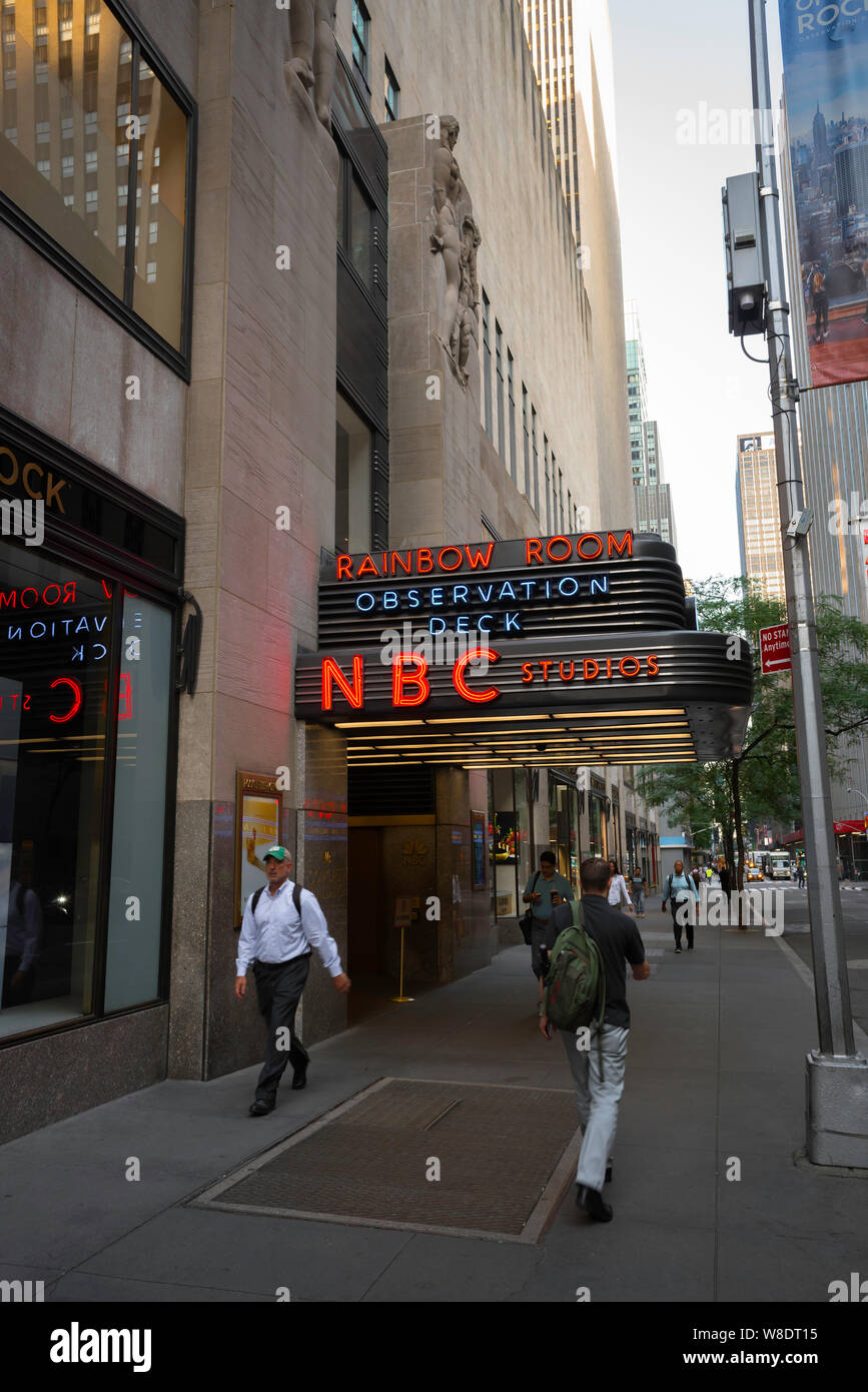 NBC New York, view of the West 50th Street entrance to NBC studios and The Top Of The Rock Observation Deck, Midtown Manhattan, New York City, USA Stock Photo