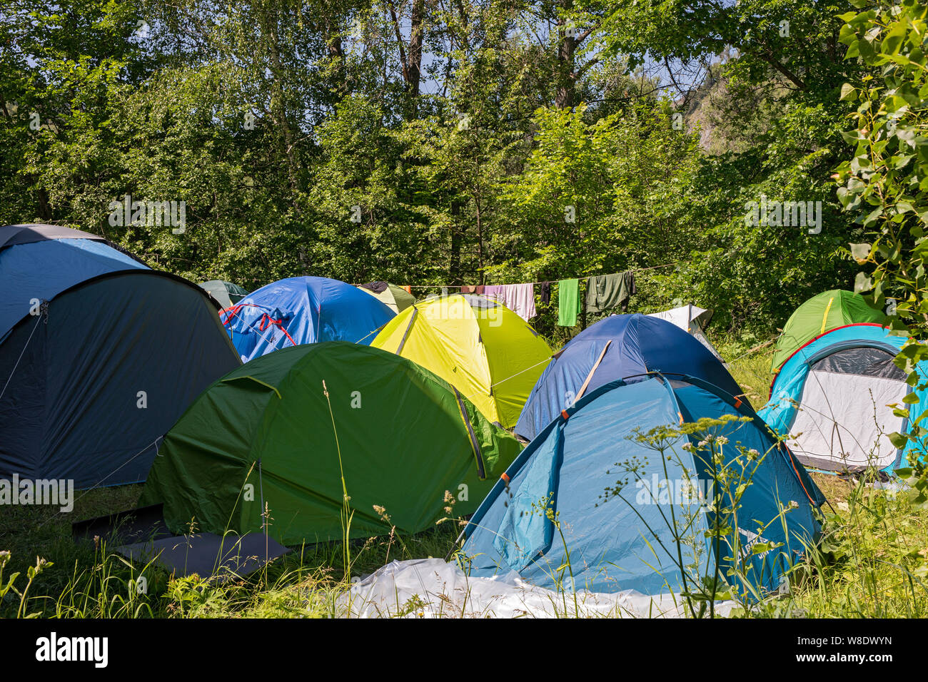 base for tents in the forest in the mountains. Camping. drying clothes on a  rope Stock Photo - Alamy