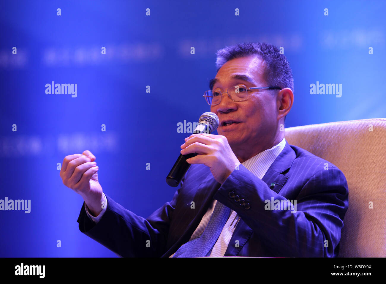 Chinese economist Justin Lin Yifu, former Chief Economist and Senior Vice President of the World Bank, speaks during the 2015 China Macroeconomics For Stock Photo