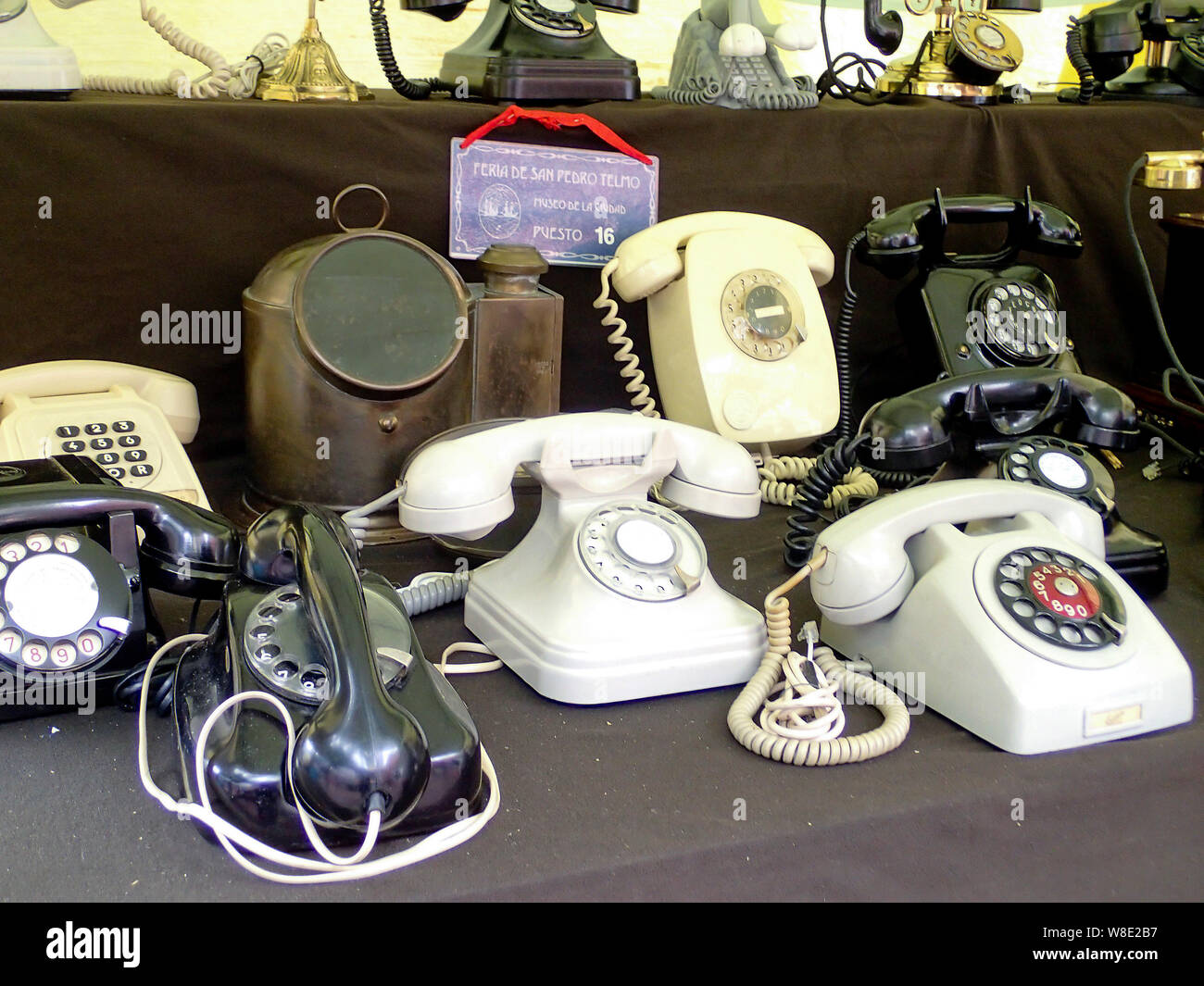 Buenos Aires, Argentina- March 4, 2013: vintage telephones in a row for selling on a flee market in San Telmo, Buenos Aires Stock Photo