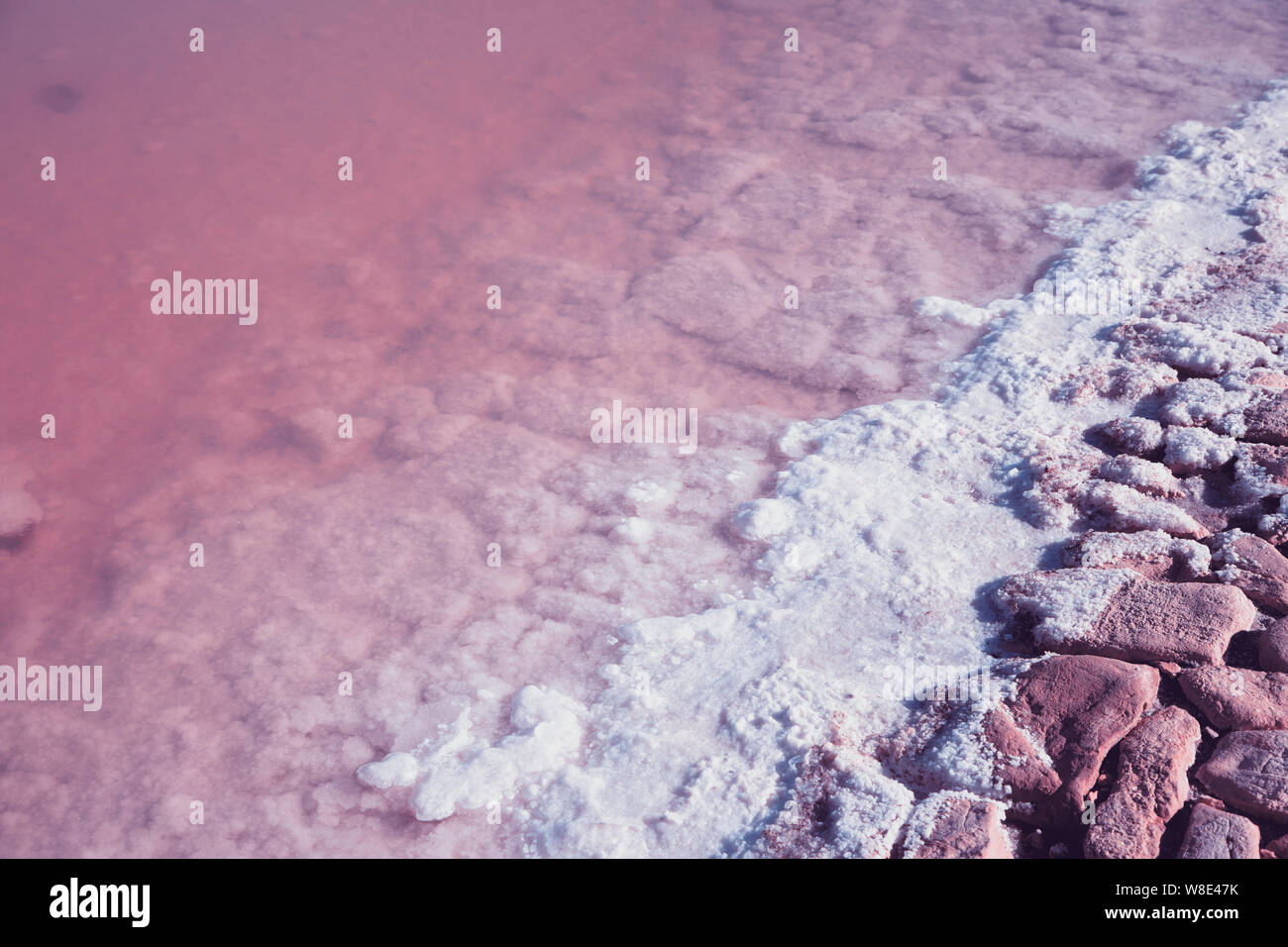 Textured of different shapes of rocks of salt in a pink water basin ...