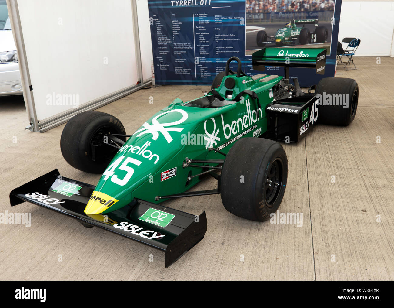 Jamie Constable's 1982, Tyrrell 011, on display in the International Paddock, at the 2019 Silverstone classic Stock Photo