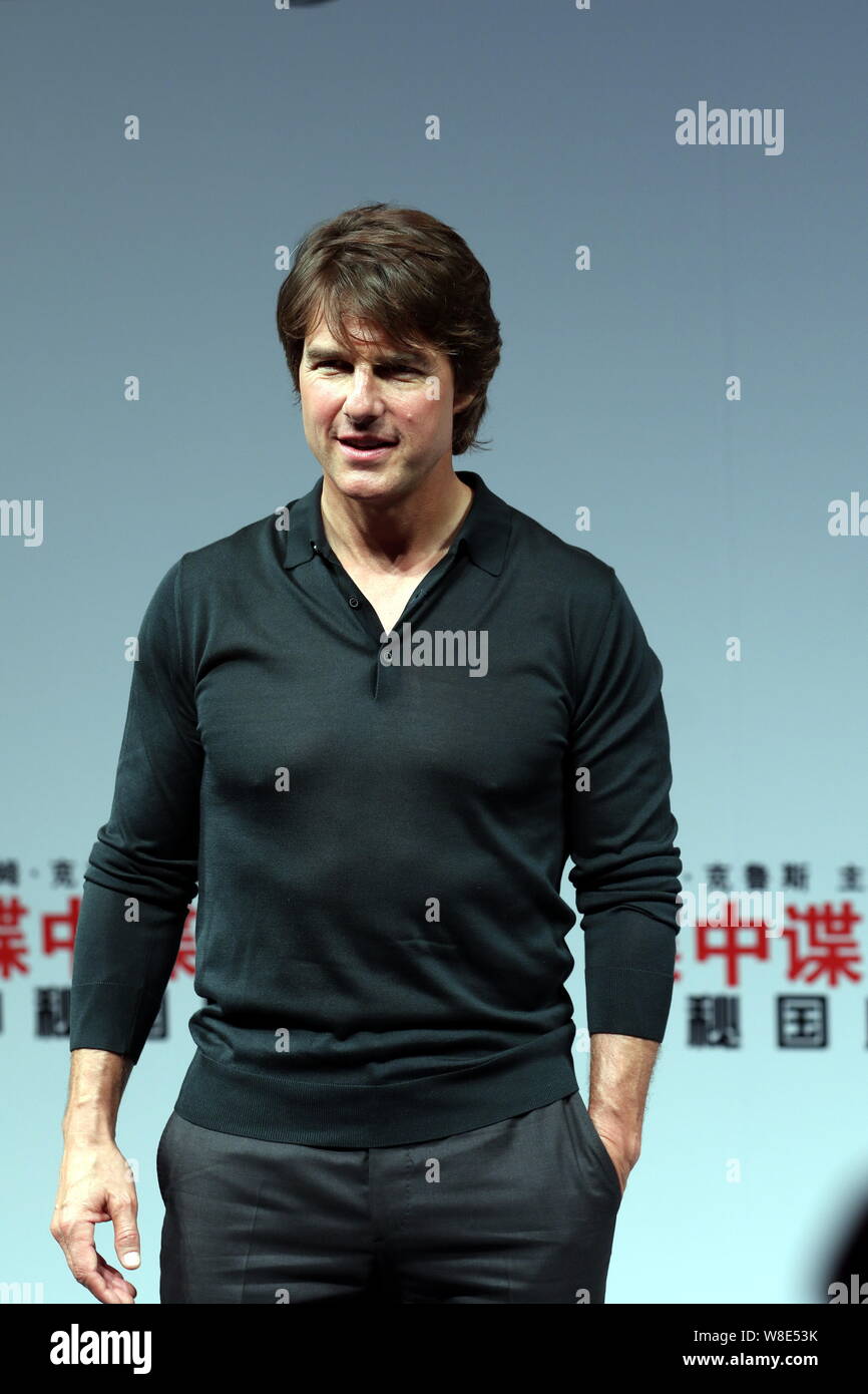 American actor Tom Cruise poses at a premiere event for his new movie 'Mission: Impossible ¨C Rogue Nation' in Shanghai, China, 6 September 2015. Stock Photo
