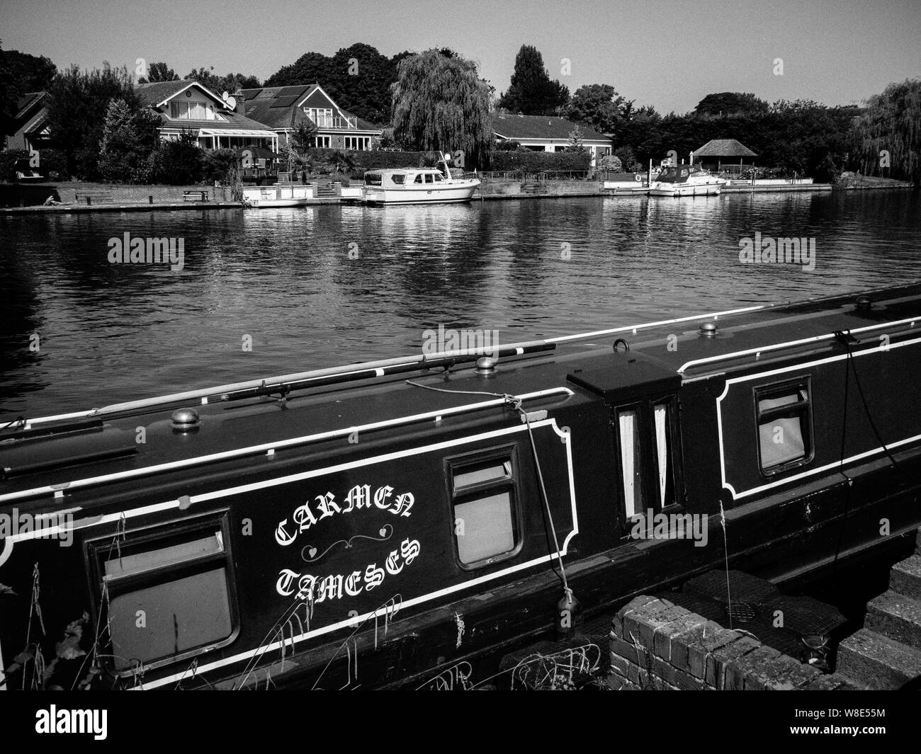 Black and White Landscape Photograph Of Narrow Boat, on the Thames Path