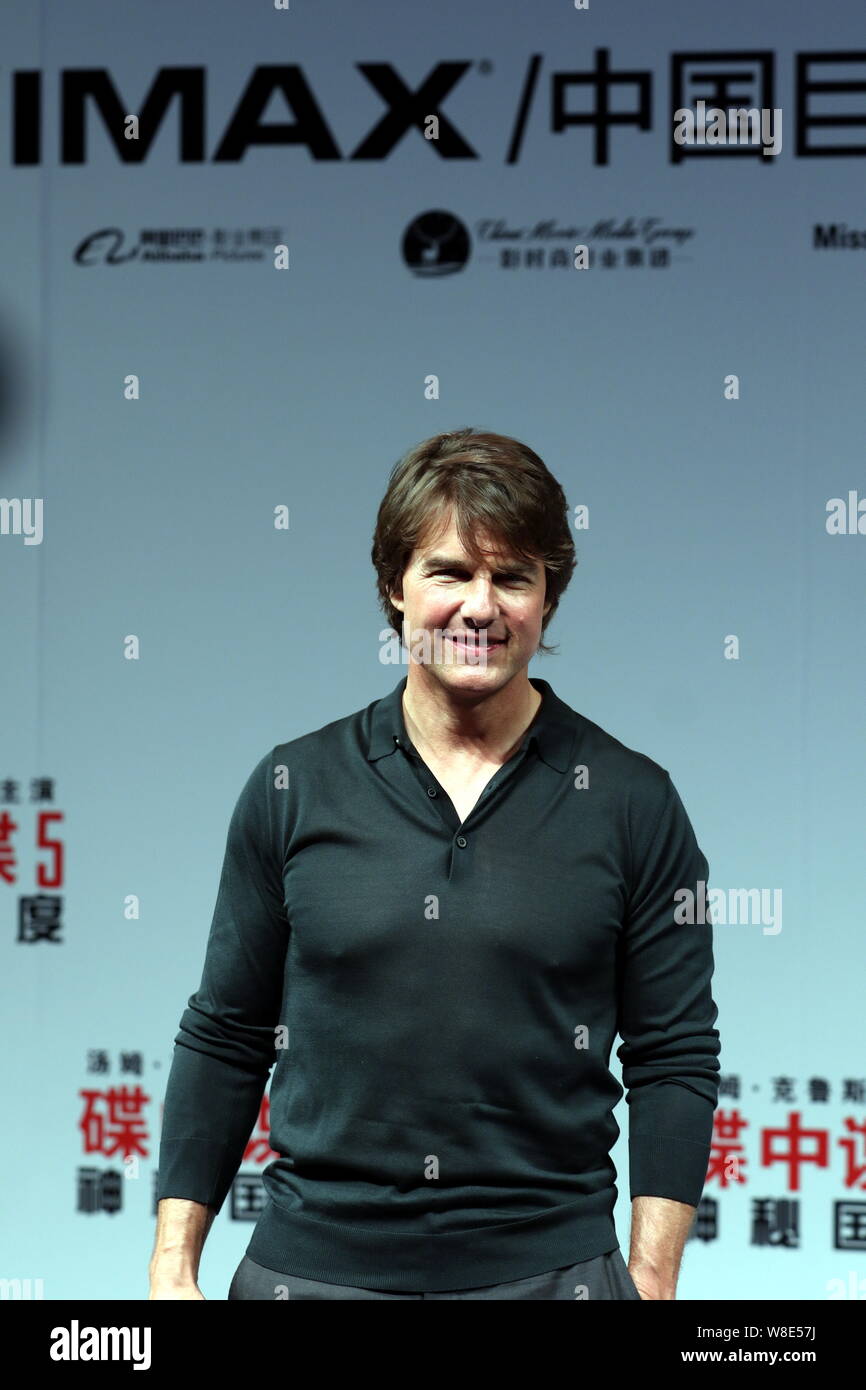 American actor Tom Cruise poses at a premiere event for his new movie 'Mission: Impossible ¨C Rogue Nation' in Shanghai, China, 6 September 2015. Stock Photo