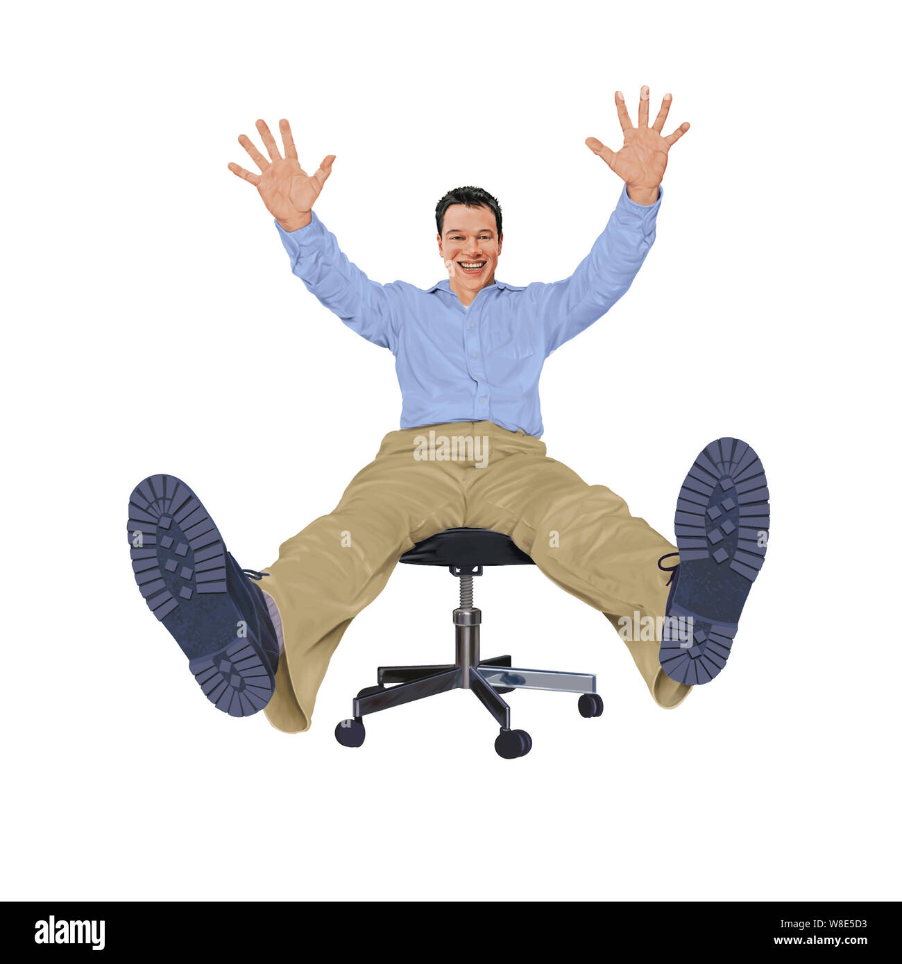 Hands & feet which is the french form of the expression 'jump through hoops' with a smiling man on a rolling office chair holding up his hands & feet Stock Photo