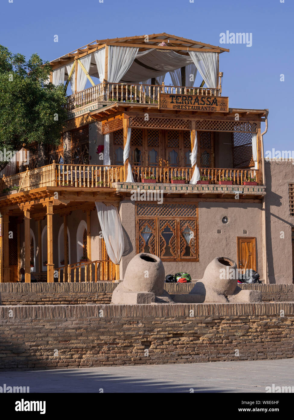 Restaurant Terrassa, historic city Ichan Qala, Chiwa, Uzbekistan, Asia Stock Photo