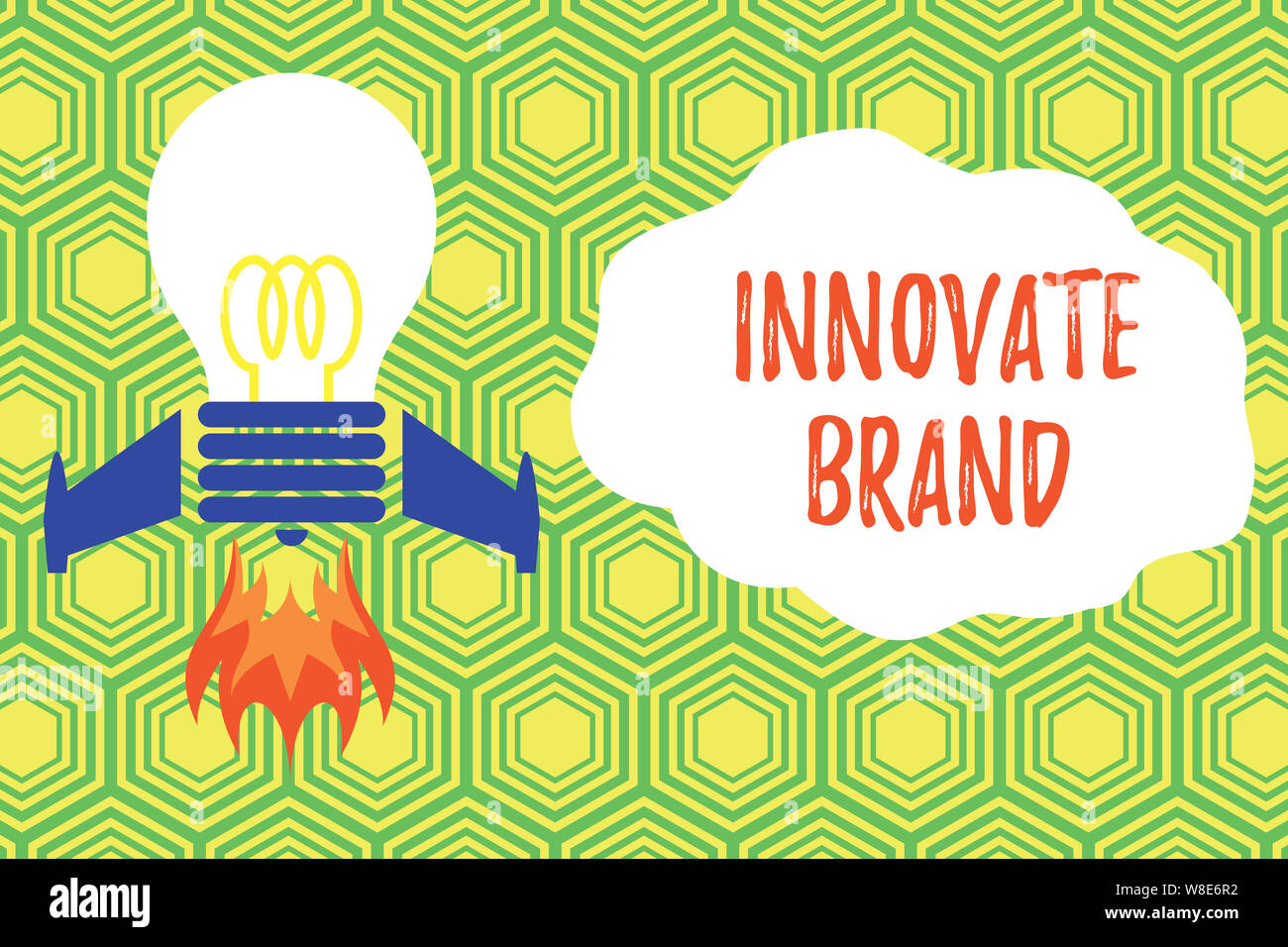 Handwriting text writing Innovate Brand. Conceptual photo significant to innovate products, services and more Top view launching bulb rocket fire base Stock Photo