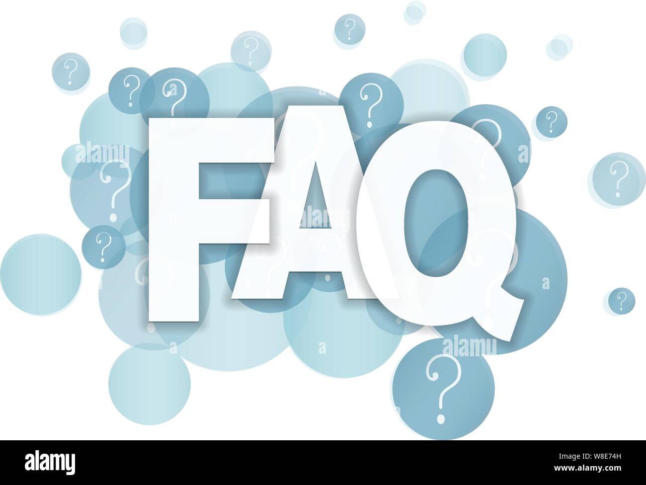 FAQ on blue semi-transparent bubbles with question marks vector illustration Stock Vector