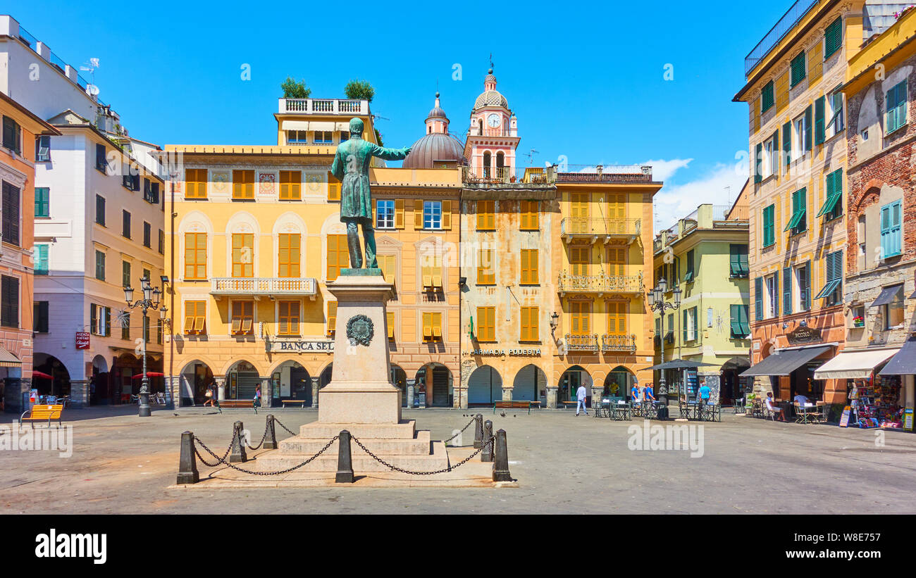Chiavari, Italy July 3, 2019 Old square in Chiavari town near Genoa on sunny summer day