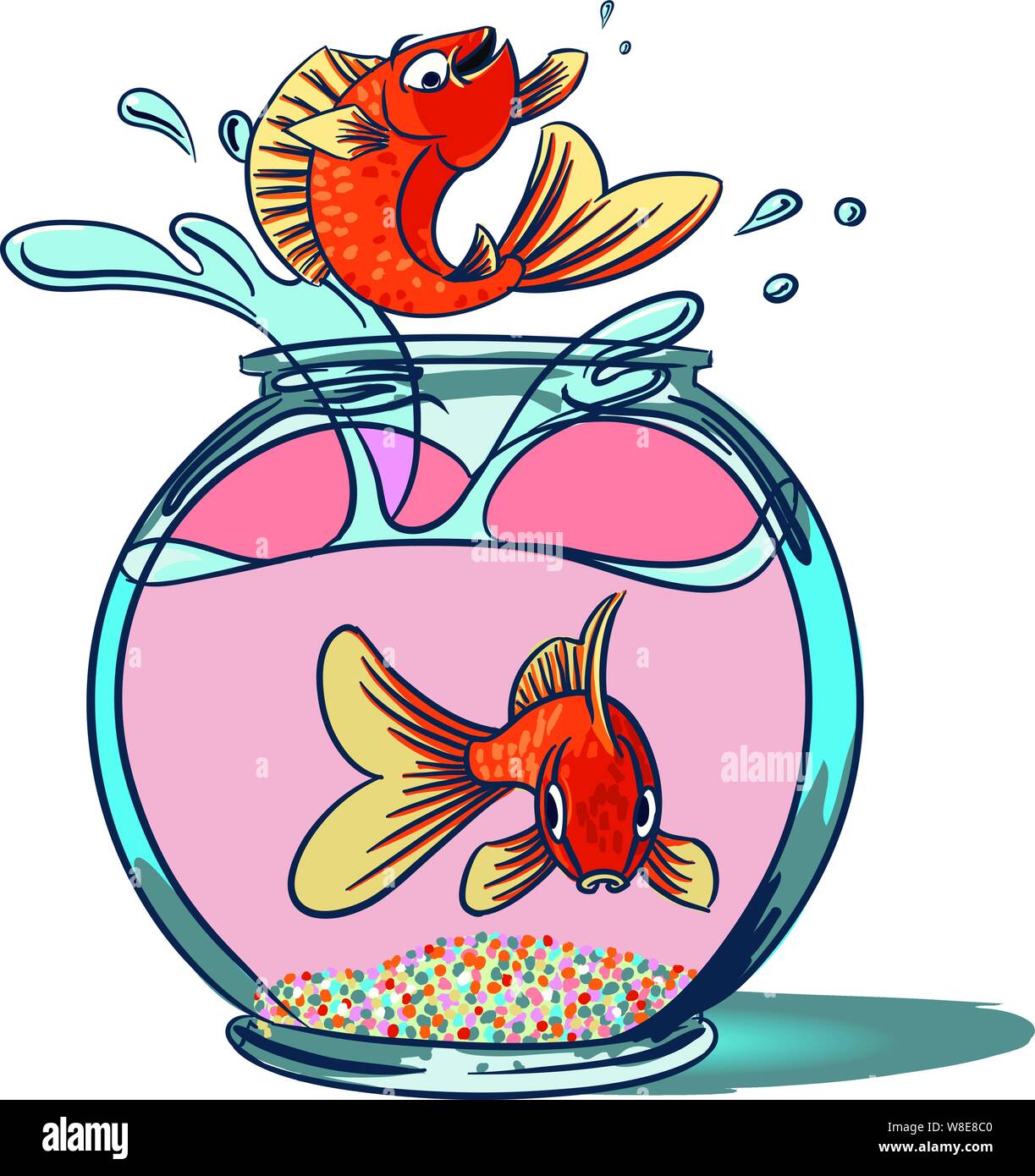 Goldfish Jumping. A fish jumping up from a goldfish bowl showing off as another fish sit at the bottom of the bowl staring out in shock Stock Vector