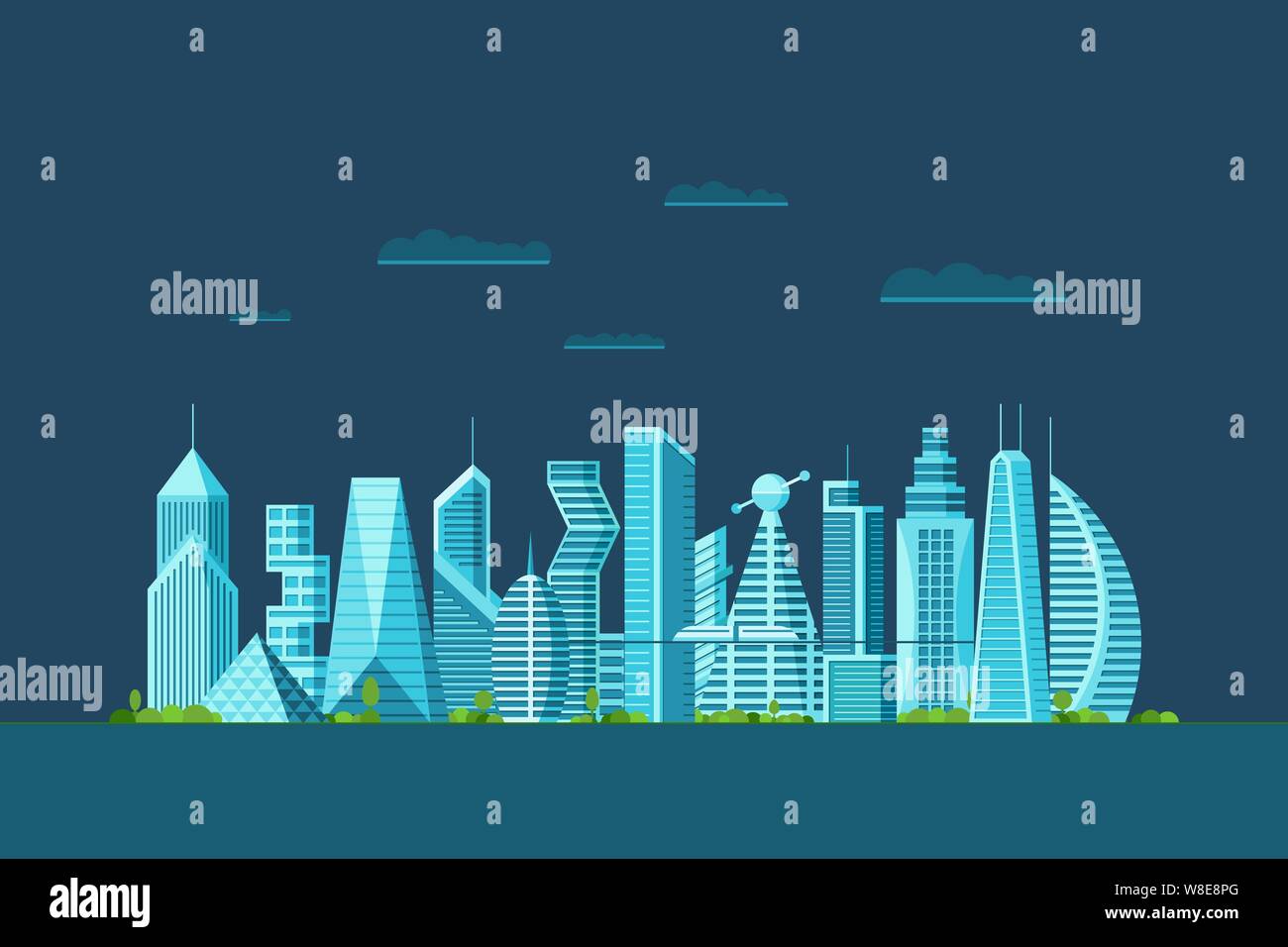 Detailed night future city with different architecture buildings skyscrapers apartments. Futuristic multi-storey cyberpunk graphic cityscape town. Vector real estate urban construction illustration Stock Vector