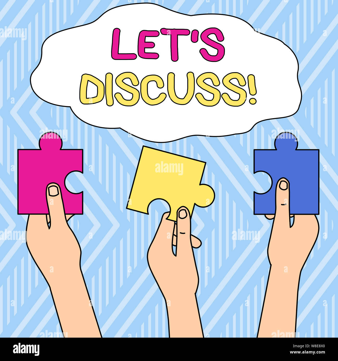 Writing note showing Let S Discuss. Business concept for asking someone to talk about something with demonstrating or showing Three Colored Empty Jigs Stock Photo