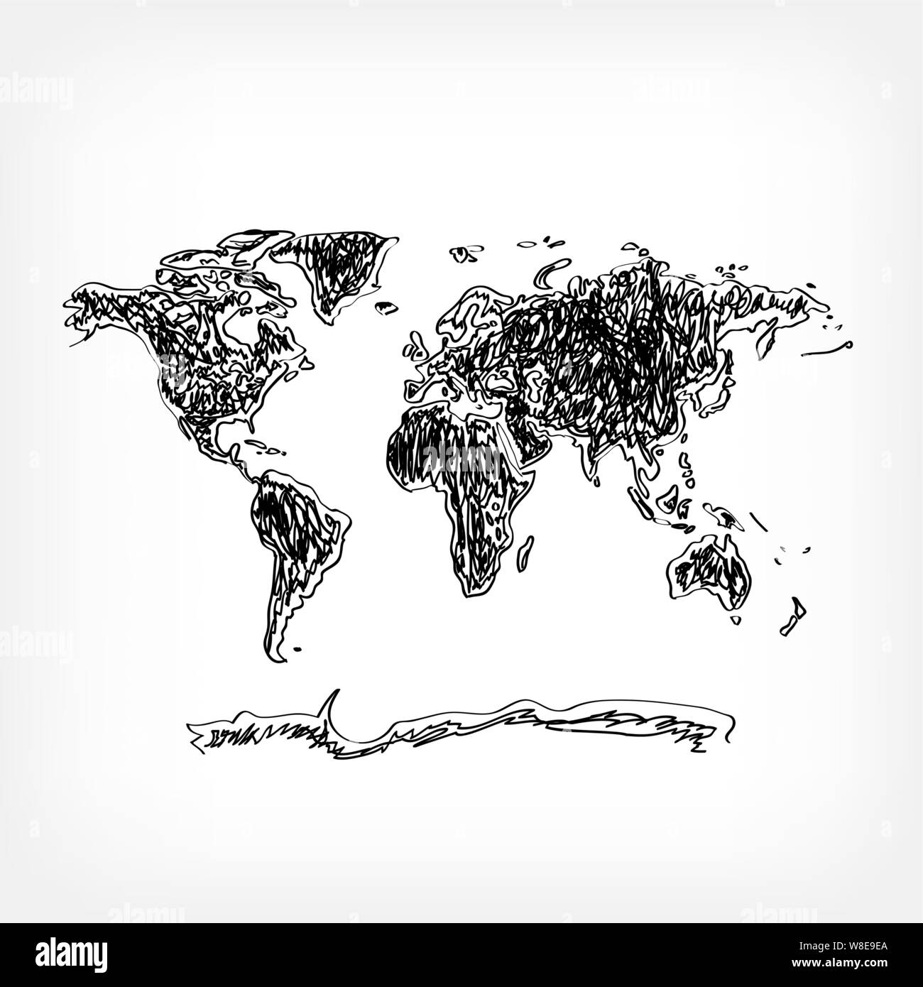 Drawing world map on white background. Drawn black color earth land continent. Ecology planet pollution Stock Vector