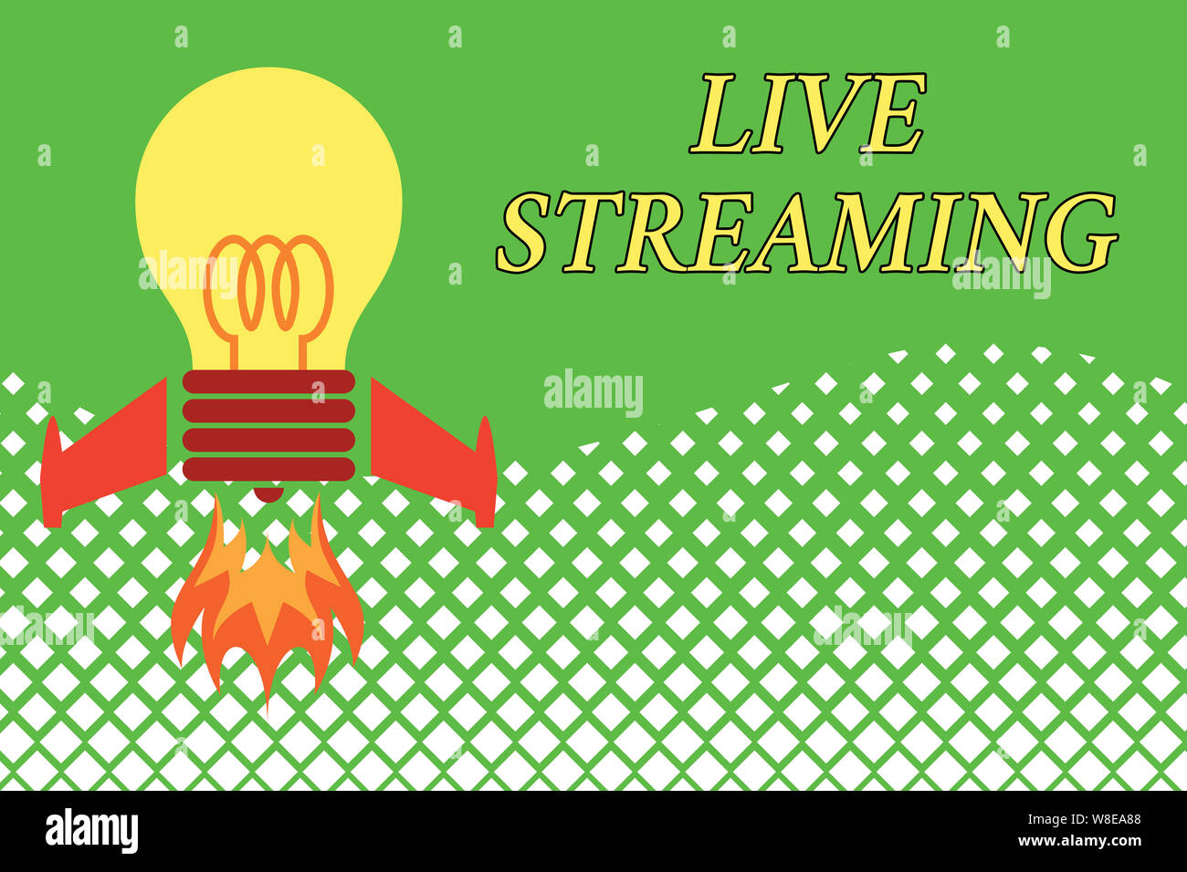 Handwriting text Live Streaming. Conceptual photo Transmit live video coverage of an event over the Internet Top view launching bulb rocket fire base. Stock Photo