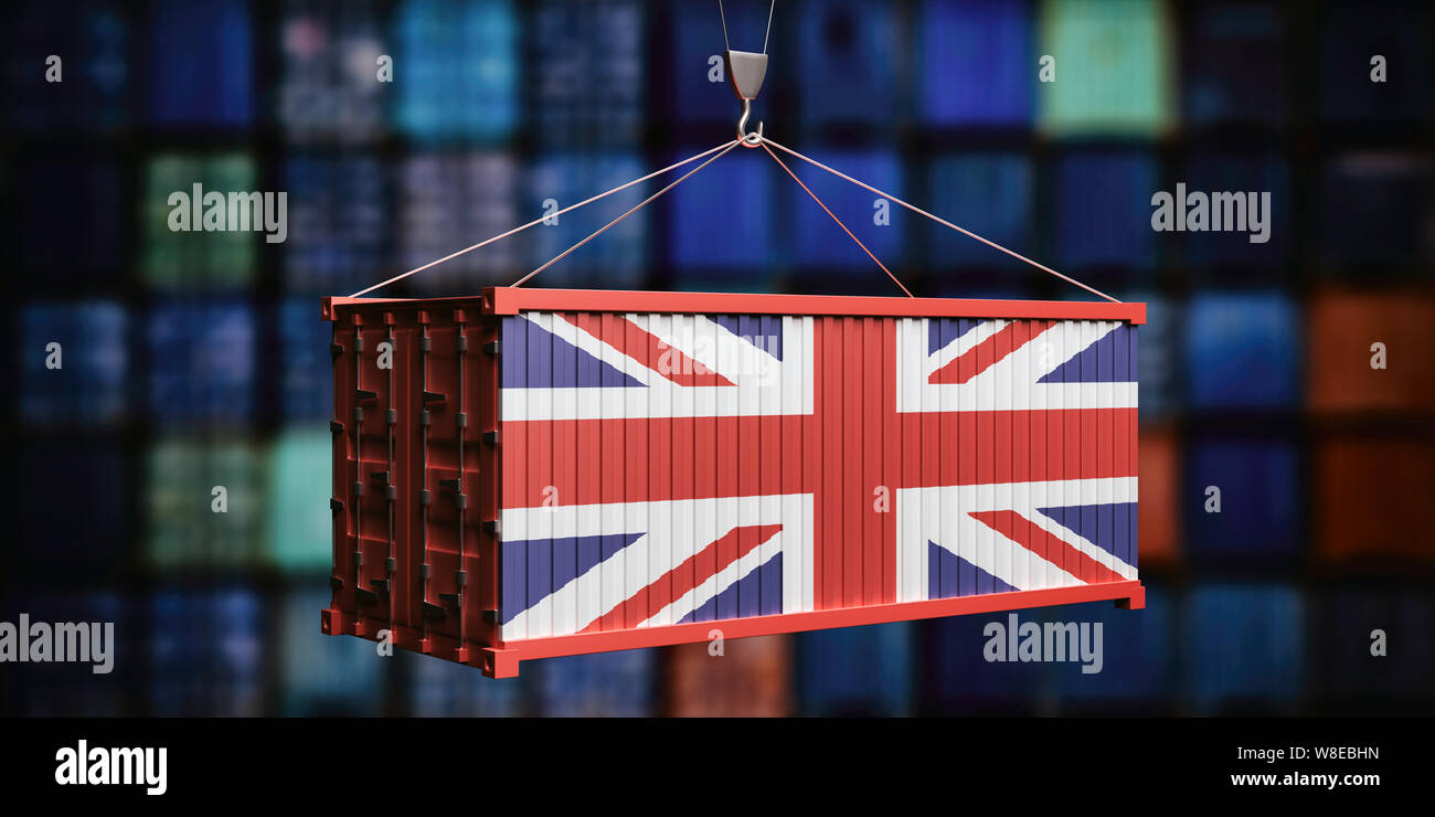 UK trade, export, import concept. United kingdom flag container, port containers background. 3d illustration Stock Photo