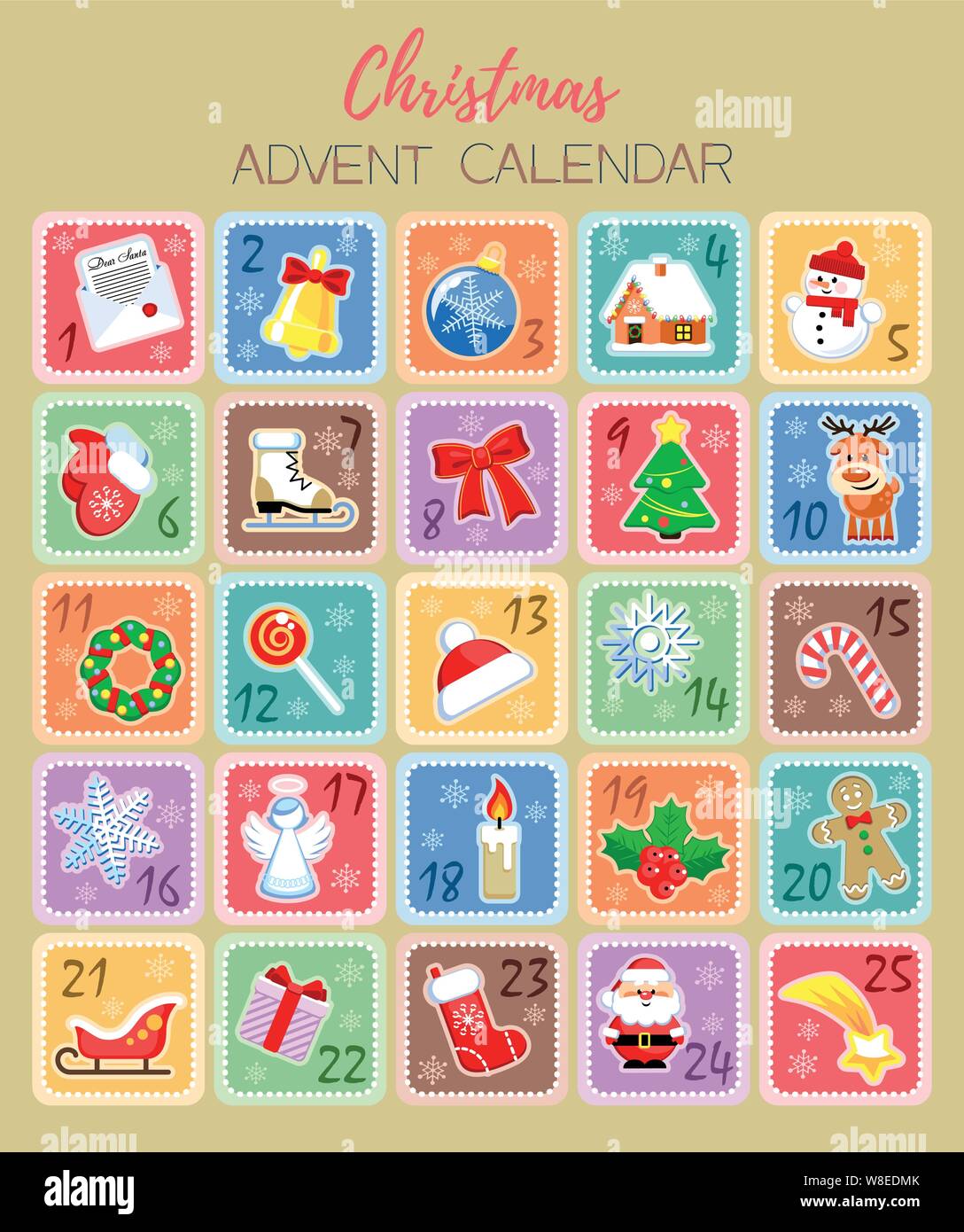 Christmas Advent Calendar with cute cartoon characters and holidays elements. Vector illustration. Flat design without transparency Stock Vector Image & Art - Alamy Christmas Advent Calendar with cute cartoon characters and holidays elements. Vector illustration. Flat design without transparency Stock Vector Image & Art - Alamy