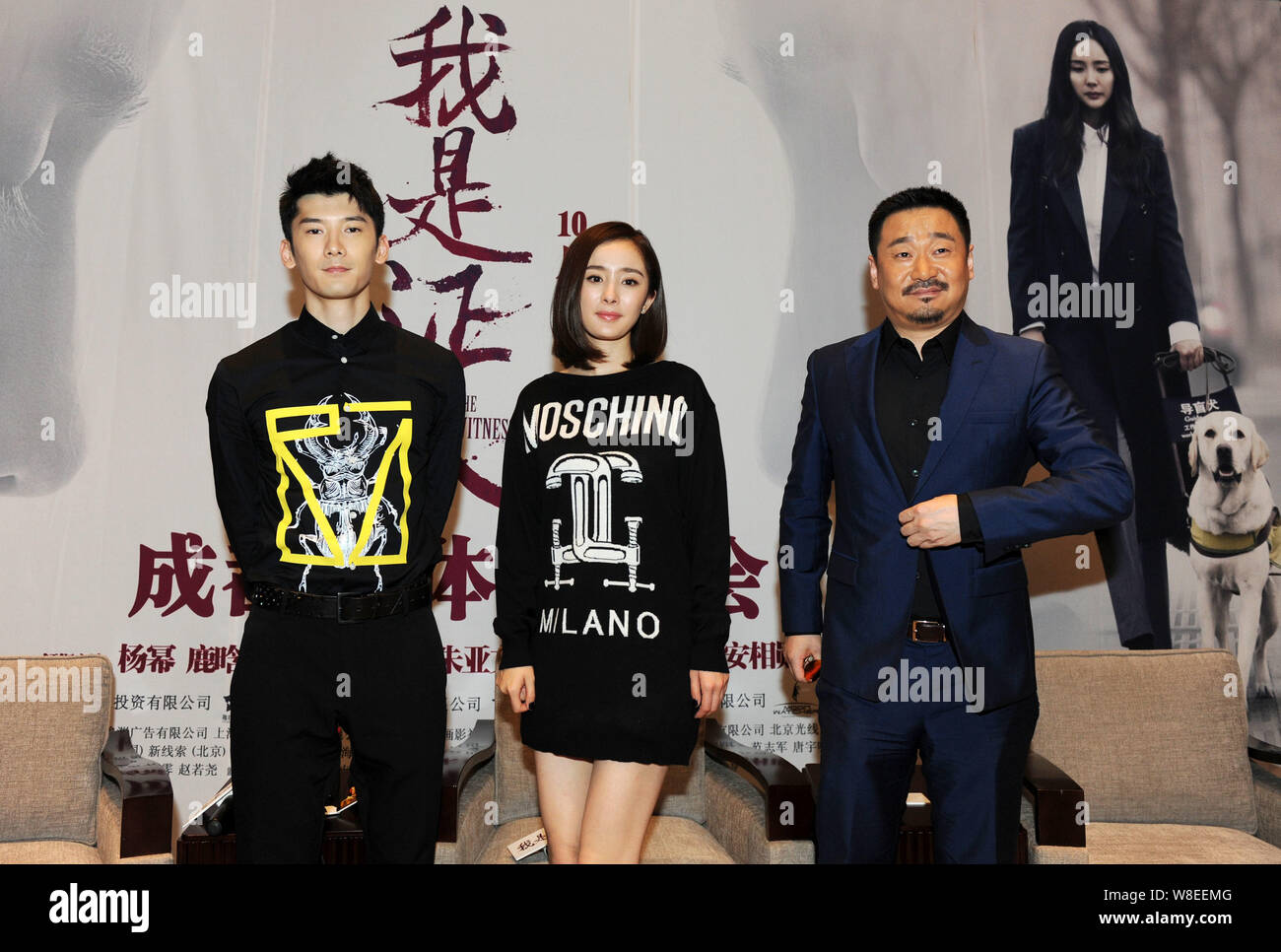 (From left) Chinese actor Liu Ruilin, actress Yang Mi and actor Wang Jingchun attend a press conference for their movie "The Witness" in Chengdu city, Stock Photo